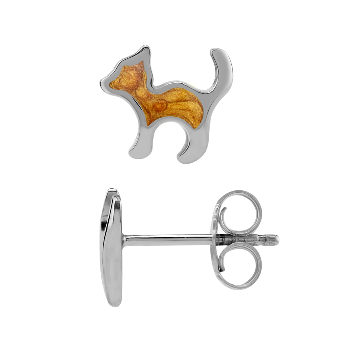 8MM Petite Orange Enamel White Gold Plated 925 Sterling Silver Minimalist Cat Pet Casual Stud Earrings