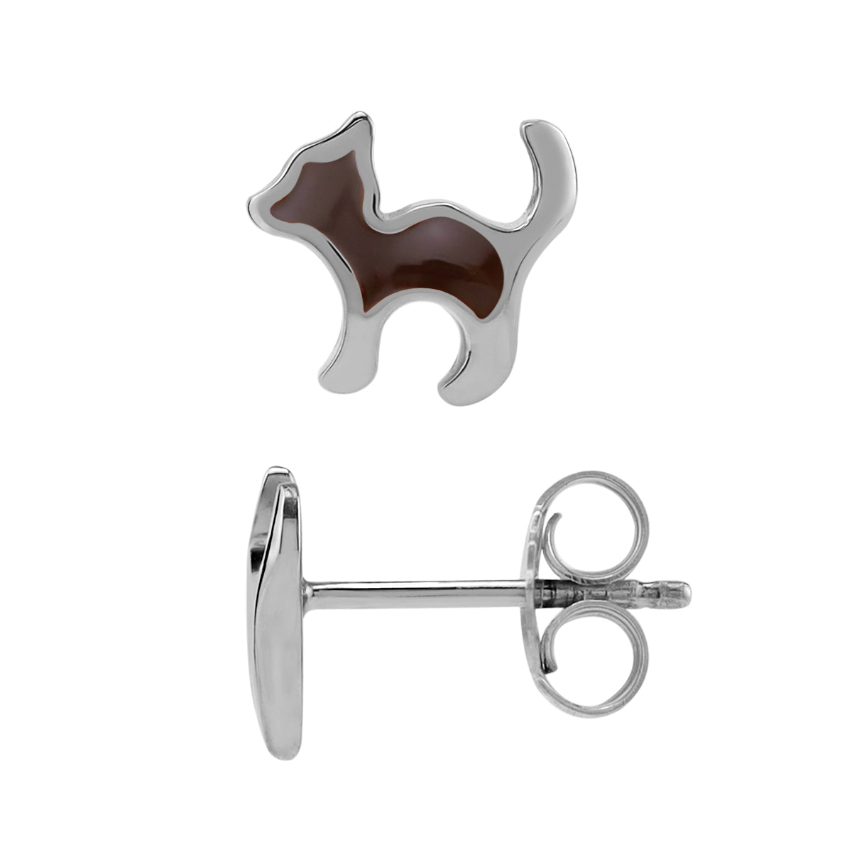 8MM Petite Brown Enamel White Gold Plated 925 Sterling Silver Minimalist Cat Pet Casual Stud Earrings