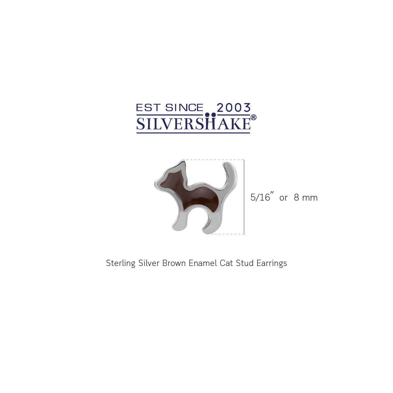 8MM Petite Brown Enamel White Gold Plated 925 Sterling Silver Minimalist Cat Pet Casual Stud Earrings