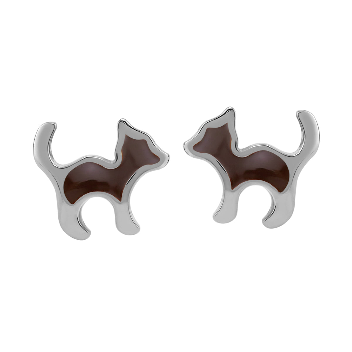 8MM Petite Brown Enamel White Gold Plated 925 Sterling Silver Minimalist Cat Pet Casual Stud Earrings