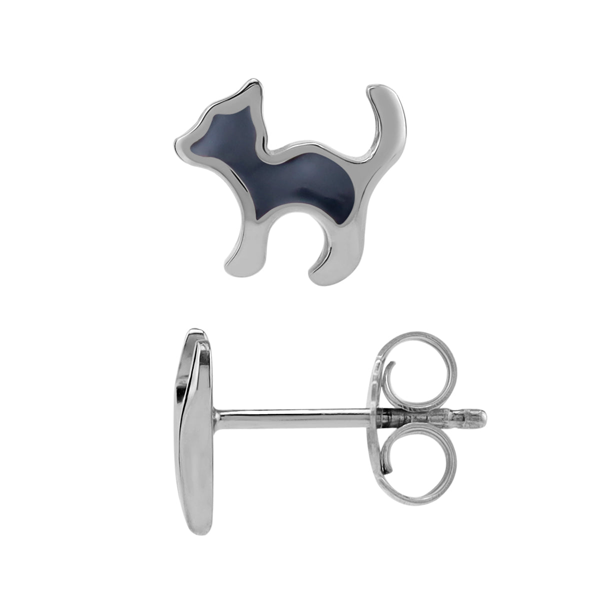 8MM Petite Gray Enamel White Gold Plated 925 Sterling Silver Minimalist Cat Pet Casual Stud Earrings