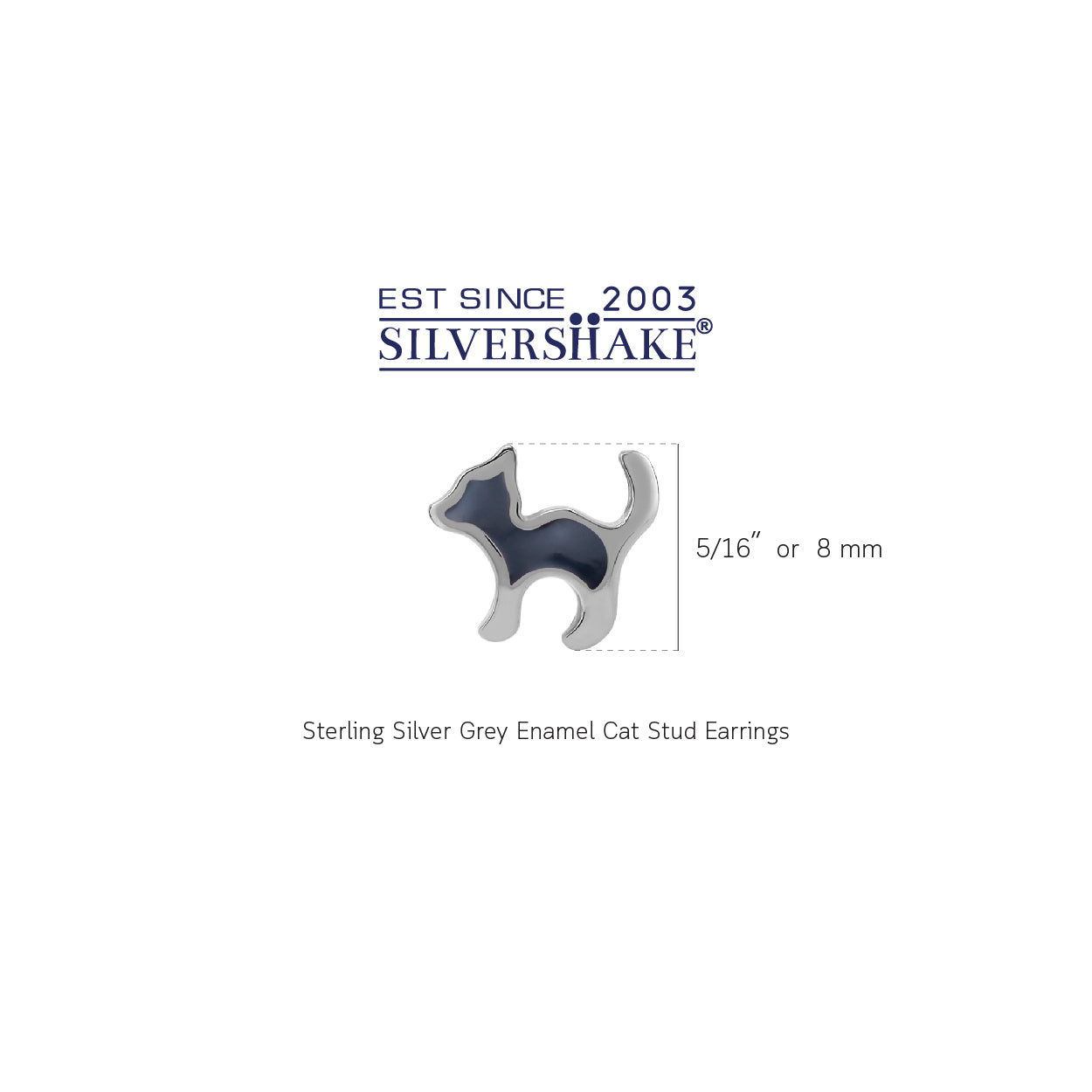 8MM Petite Gray Enamel White Gold Plated 925 Sterling Silver Minimalist Cat Pet Casual Stud Earrings