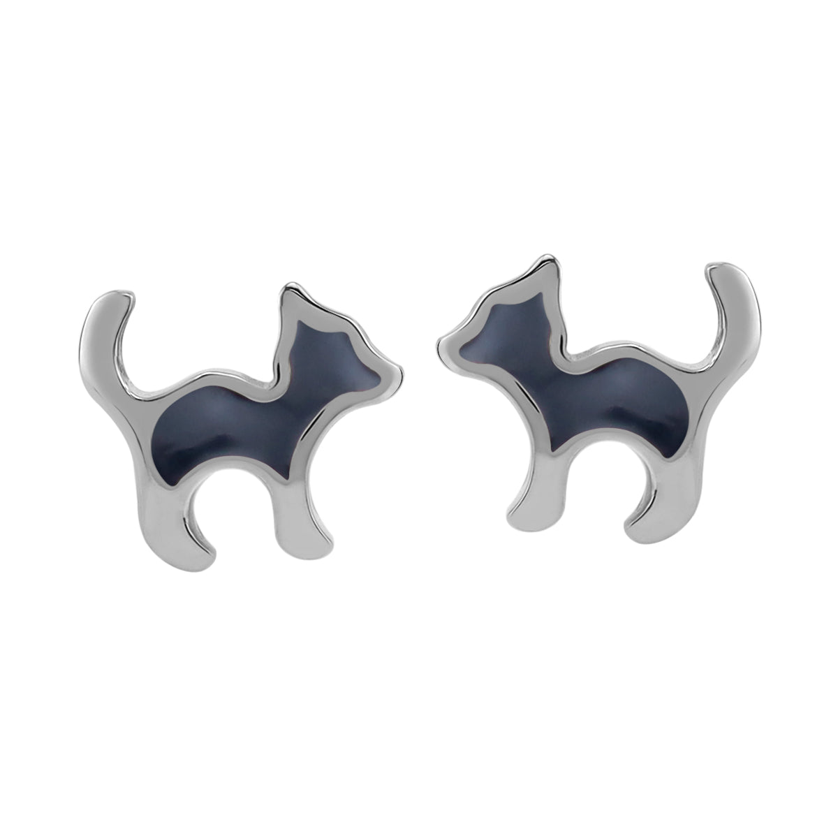 8MM Petite Gray Enamel White Gold Plated 925 Sterling Silver Minimalist Cat Pet Casual Stud Earrings