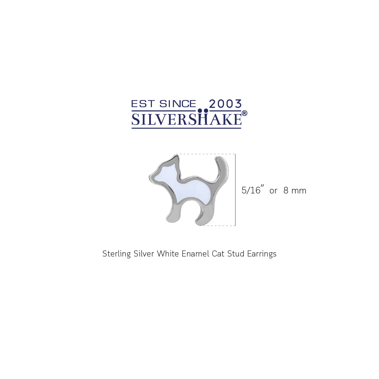 8MM Petite Enamel White Gold Plated 925 Sterling Silver Minimalist Cat Pet Casual Stud Earrings