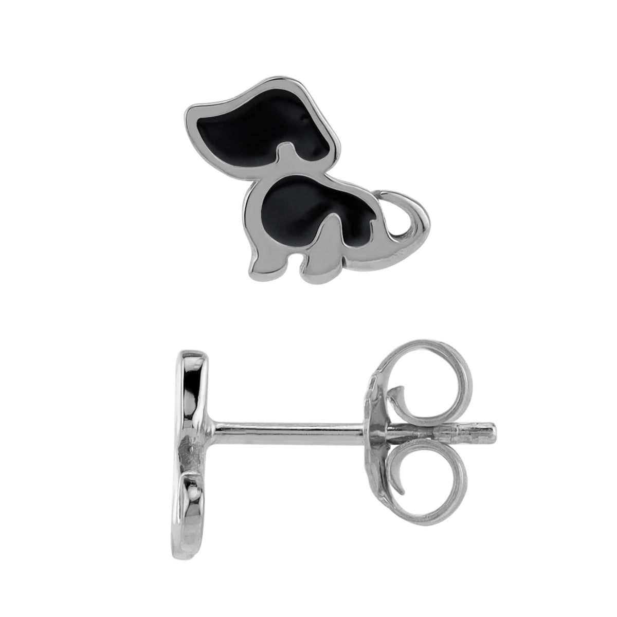 8MM Petite Black Enamel White Gold Plated 925 Sterling Silver Minimalist Dog Pet Casual Stud Earrings
