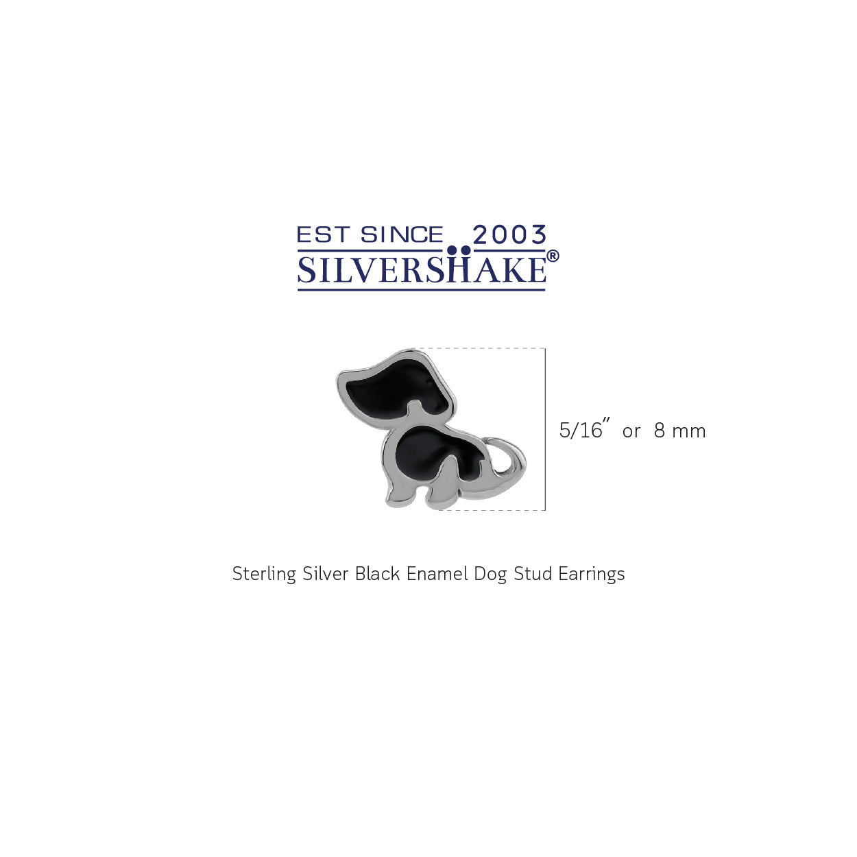8MM Petite Black Enamel White Gold Plated 925 Sterling Silver Minimalist Dog Pet Casual Stud Earrings