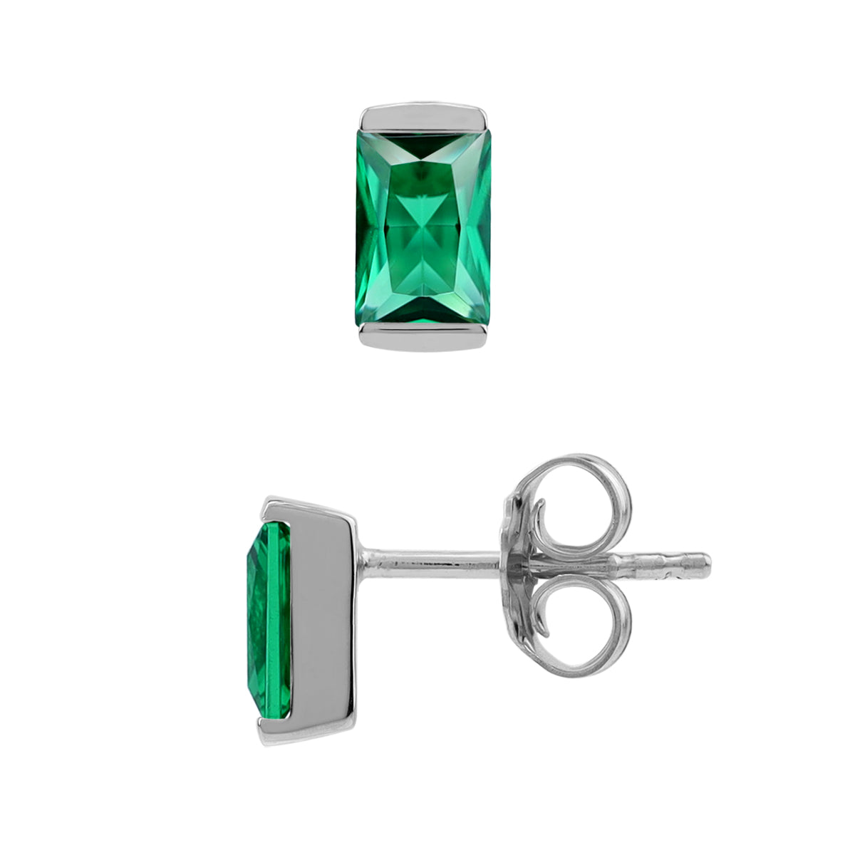 Silvershake 6X4mm Created Baguette Shape Nano Green Emerald White Gold Plated 925 Sterling Silver Business Attire Stud Post Earrings May Gemstone Birthstone Jewelry for Women - Silvershake-store