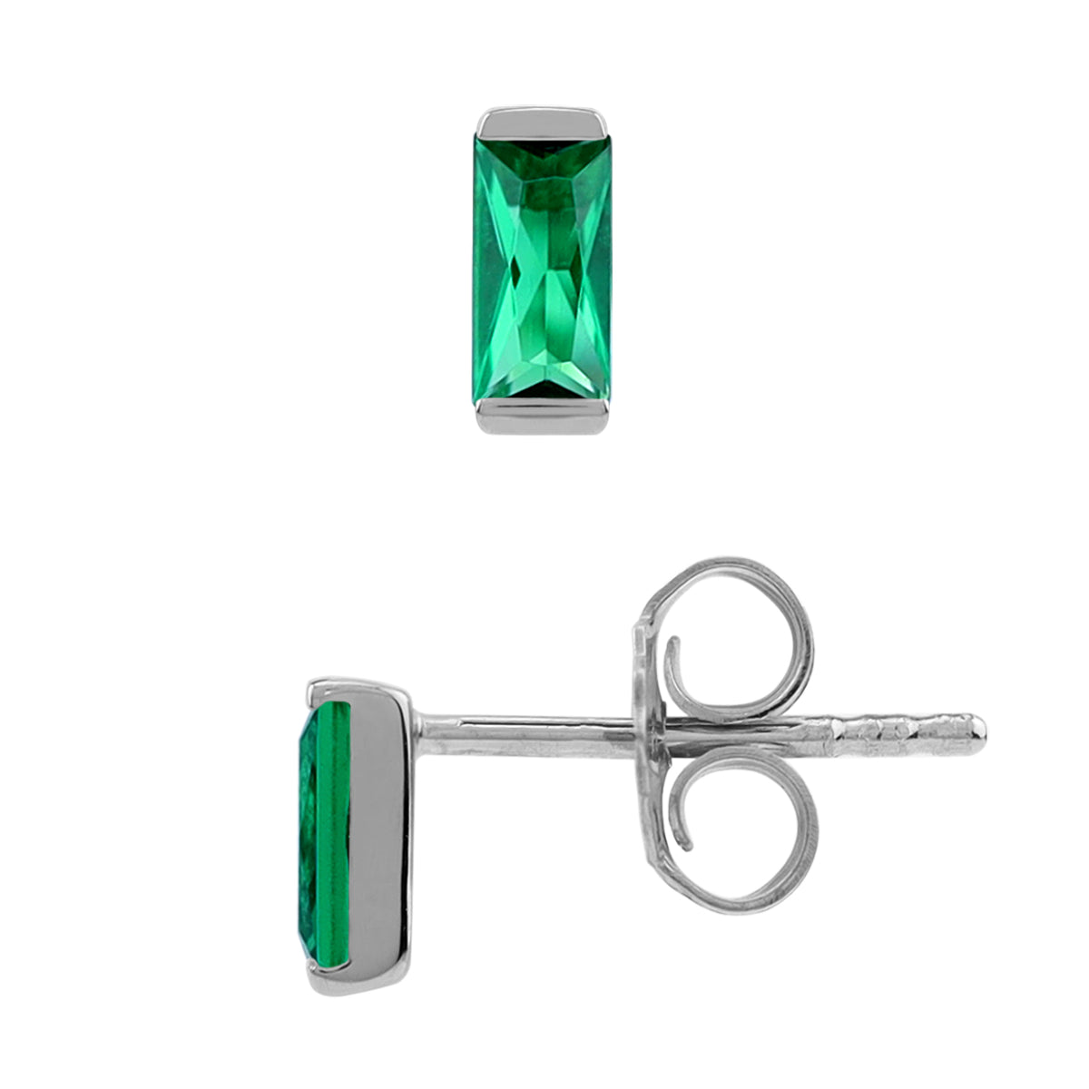 Silvershake 5X2.5mm Petite Created Baguette Shape Nano Green Emerald White Gold Plated 925 Sterling Silver Minimalist Stud Post Earrings May Gemstone Birthstone Jewelry for Women - Silvershake-store