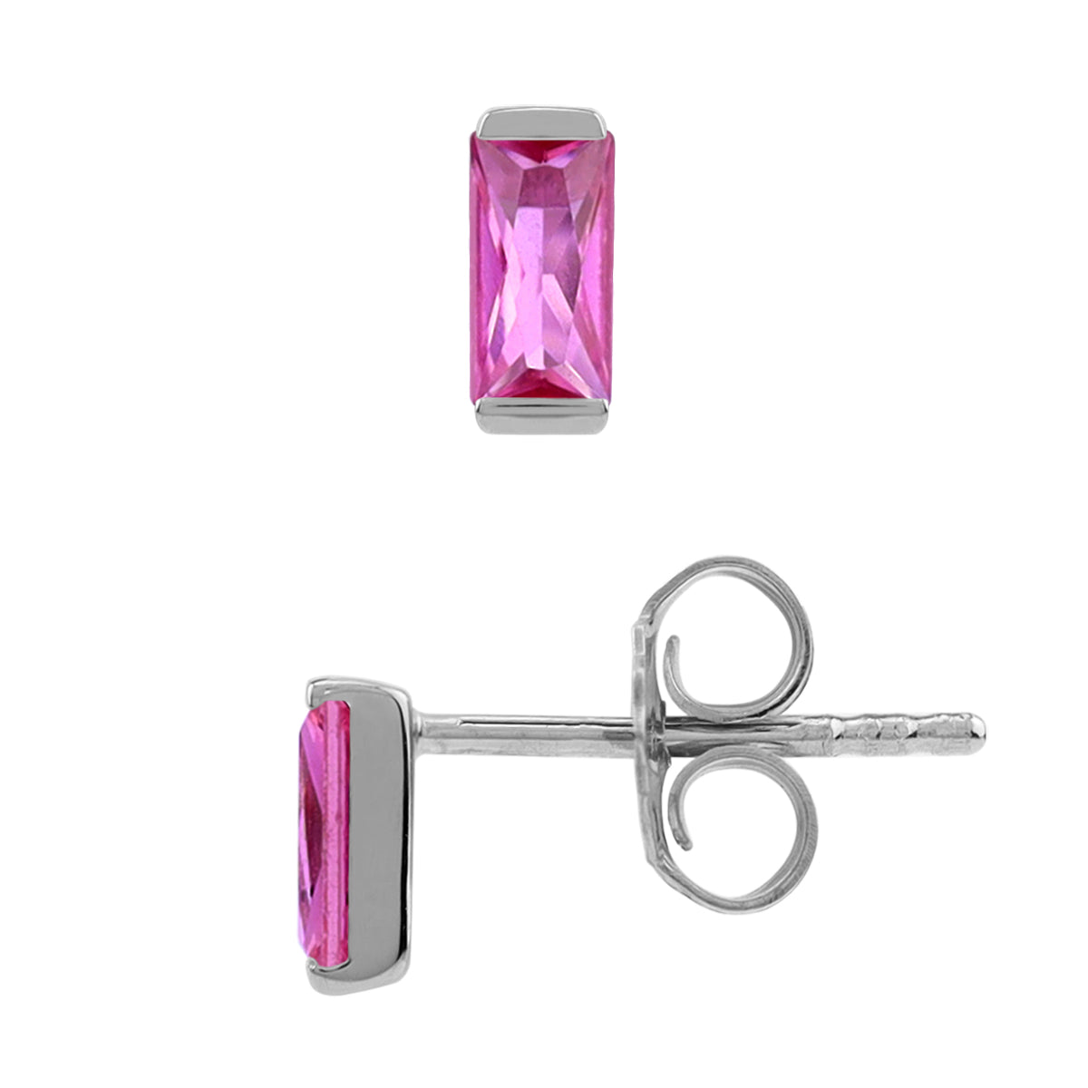 Silvershake 5X2.5mm Petite Created Baguette Shape Pink Tourmaline White Gold Plated 925 Sterling Silver Minimalist Stud Post Earrings October Gemstone Birthstone Jewelry for Women - Silvershake-store