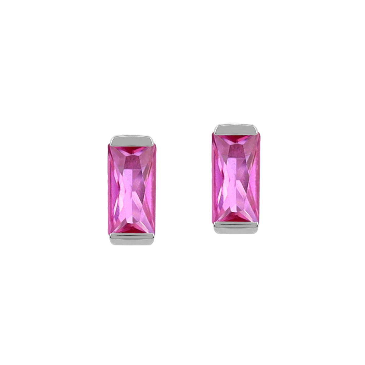 Silvershake 5X2.5mm Petite Created Baguette Shape Pink Tourmaline White Gold Plated 925 Sterling Silver Minimalist Stud Post Earrings October Gemstone Birthstone Jewelry for Women - Silvershake-store