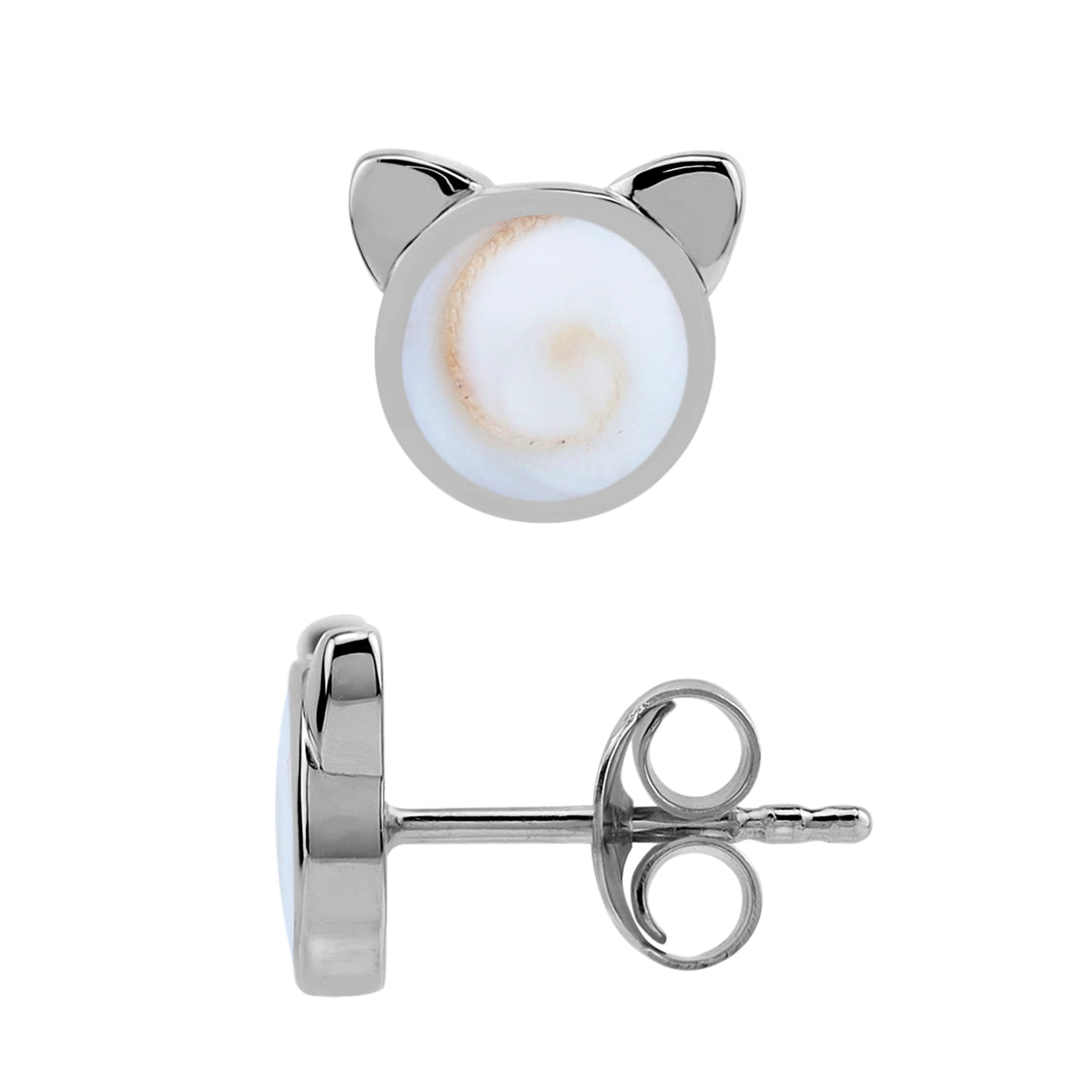 Silvershake 6MM Round Shape Shiva Shell Inlay White Gold Plated 925 Sterling Silver Cat Face Pet Cute Stud Earrings Jewelry for Women - Silvershake-store