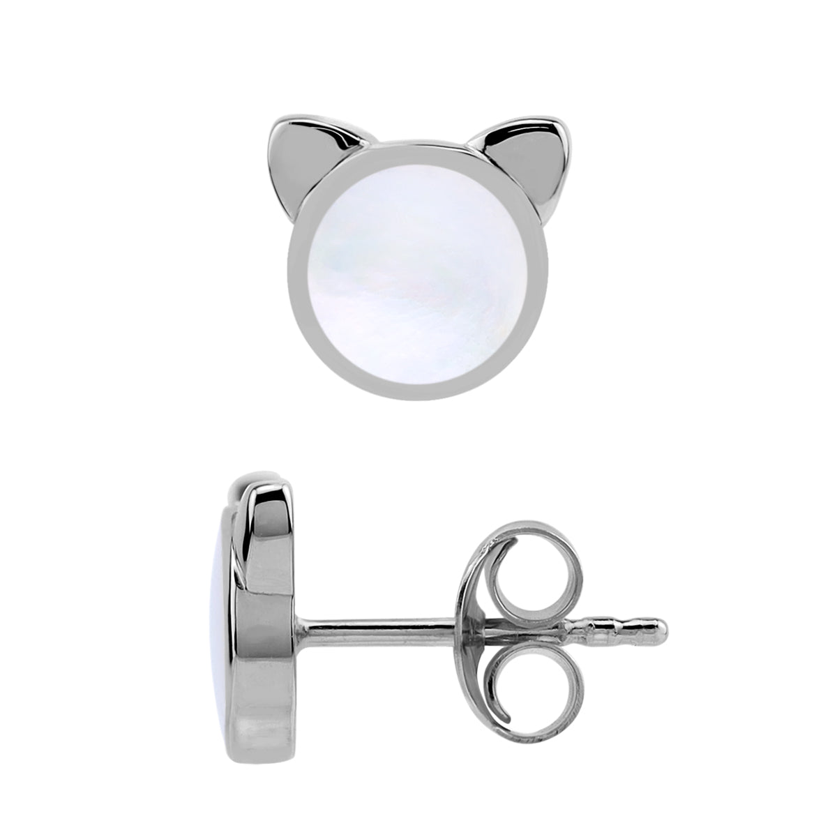 Silvershake 6MM Round Shape Mother Of Pearl Inlay White Gold Plated 925 Sterling Silver Cat Face Pet Cute Stud Earrings Jewelry for Women - Silvershake-store