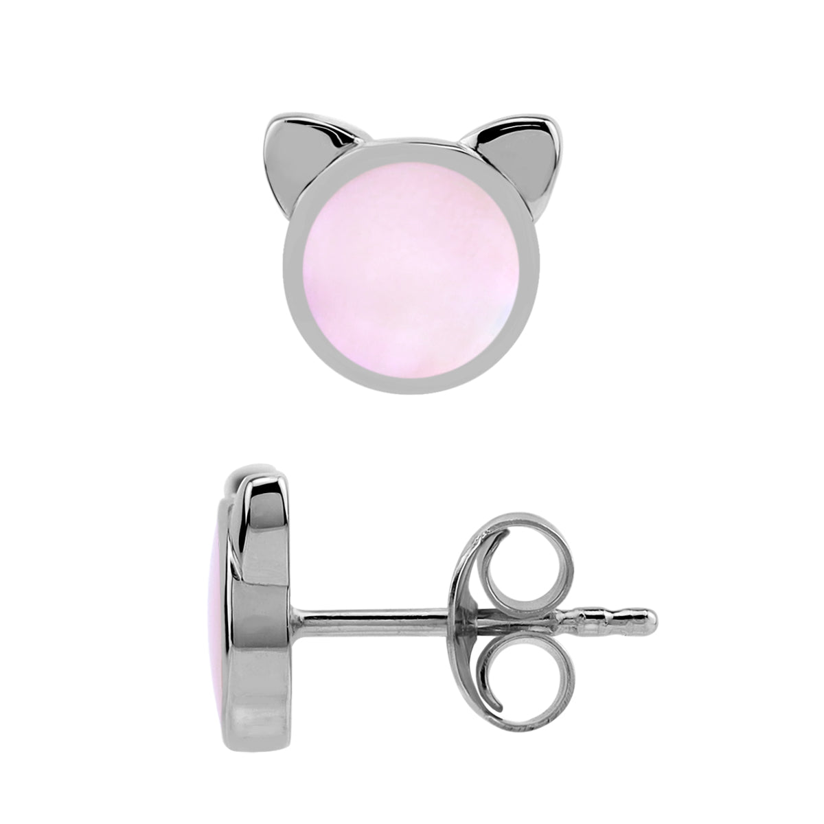 Silvershake 6MM Round Shape Pink Mother Of Pearl Inlay White Gold Plated 925 Sterling Silver Cat Face Pet Cute Stud Earrings Jewelry for Women - Silvershake-store