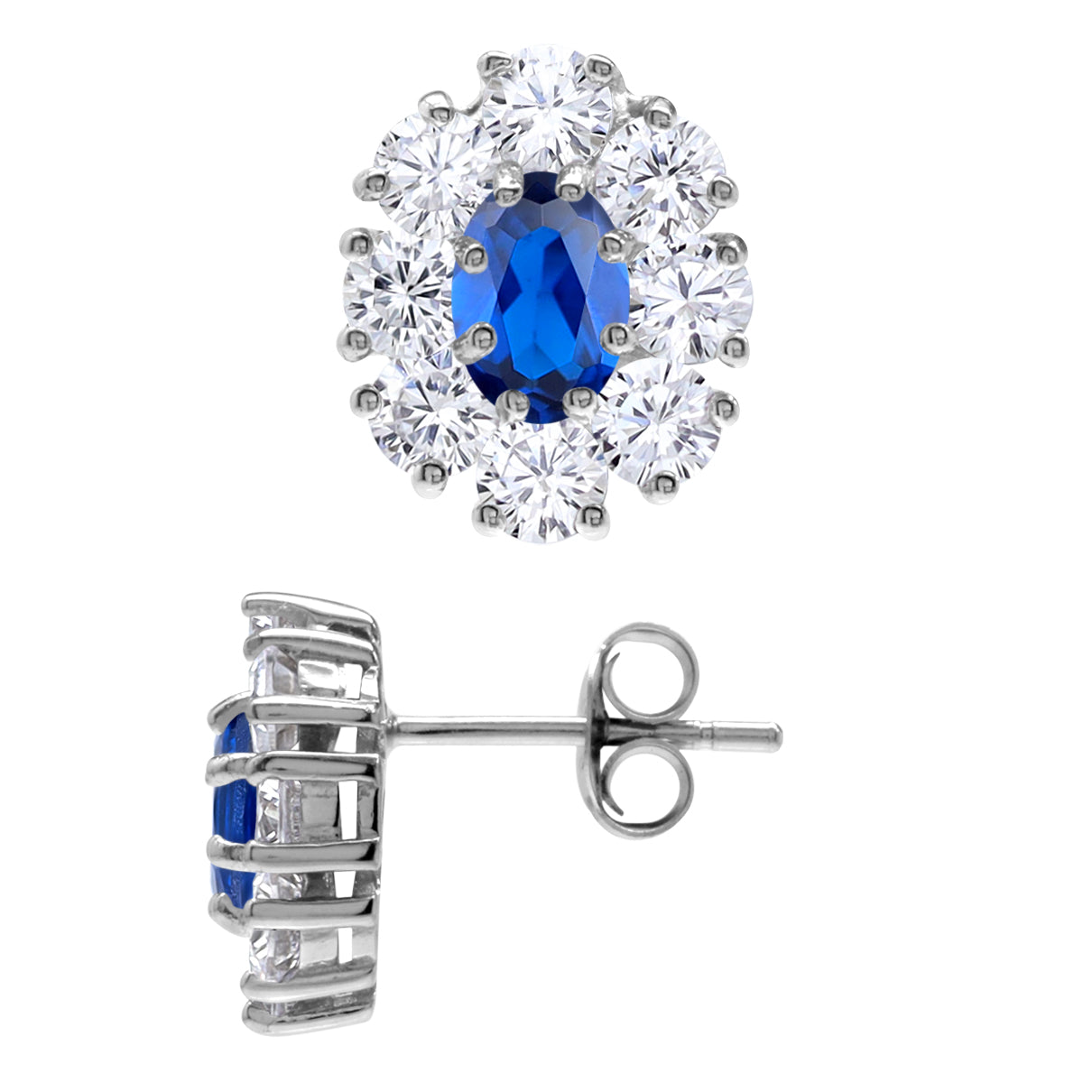 Silvershake Created Blue Sapphire White Gold Plated 925 Sterling Silver Flower Cluster Stud Post Earrings September Gemstone Birthstone Jewelry for Women - Silvershake-store