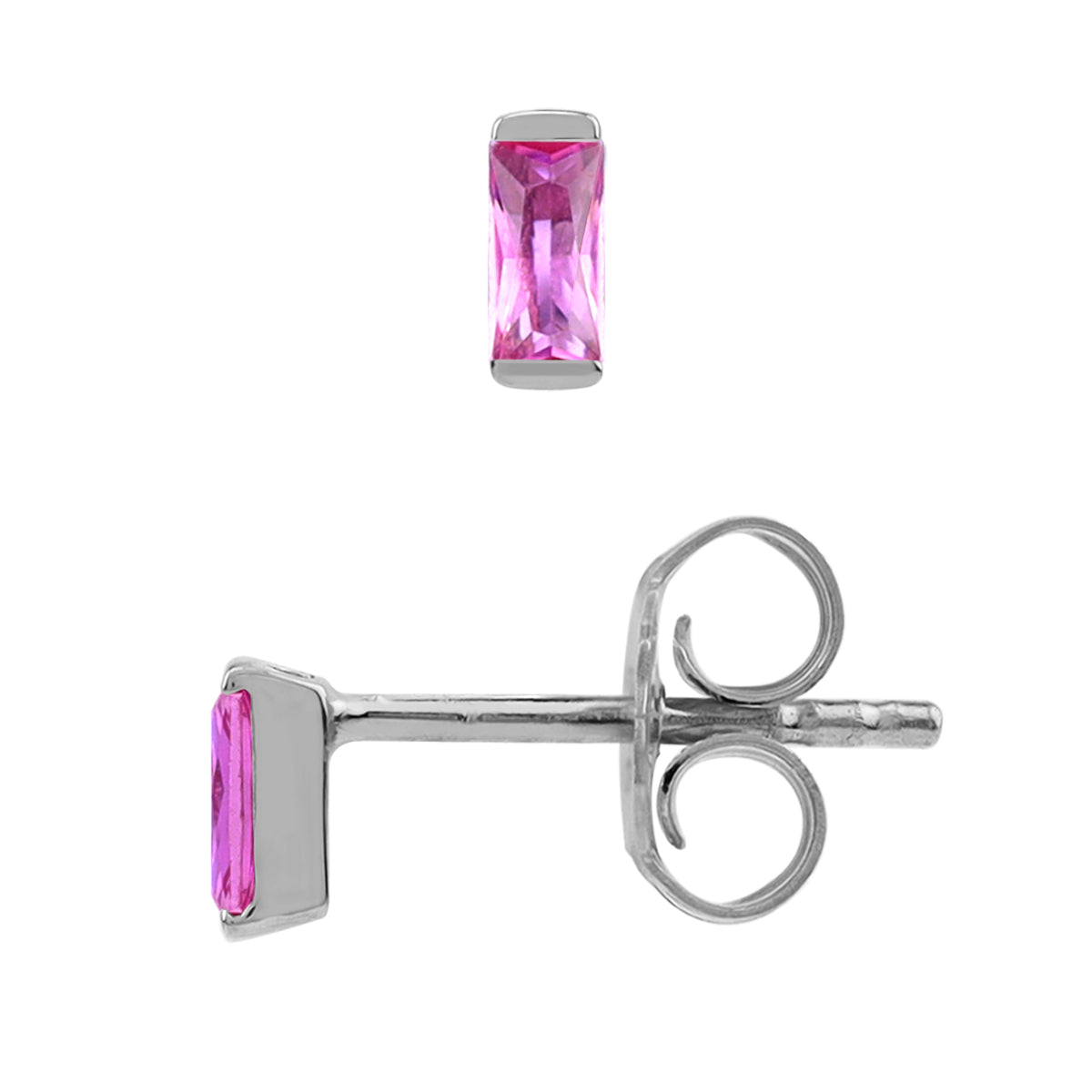 Silvershake 4X2mm Extra Petite Created Baguette Shape Pink Tourmaline White Gold Plated 925 Sterling Silver Minimalist Stud Earrings October Gemstone Birthstone Jewelry for Women - Silvershake-store