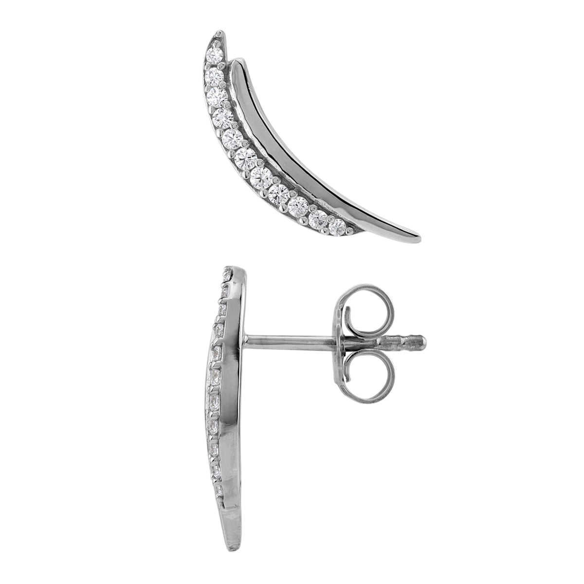 Silvershake Cubic Zirconia White Gold Plated 925 Sterling Silver Minimalist Trendy Curve / Curvy Climber Horizontal Stud Earrings April Gemstone Birthstone Jewelry for Women - Silvershake-store