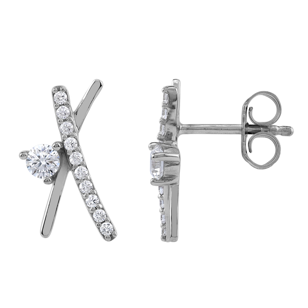 Silvershake 14X7mm Cubic Zirconia White Gold Plated 925 Sterling Silver Minimalist Trendy X O Criss Cross Stud Post Earrings April Gemstone Birthstone Jewelry for Women - Silvershake-store