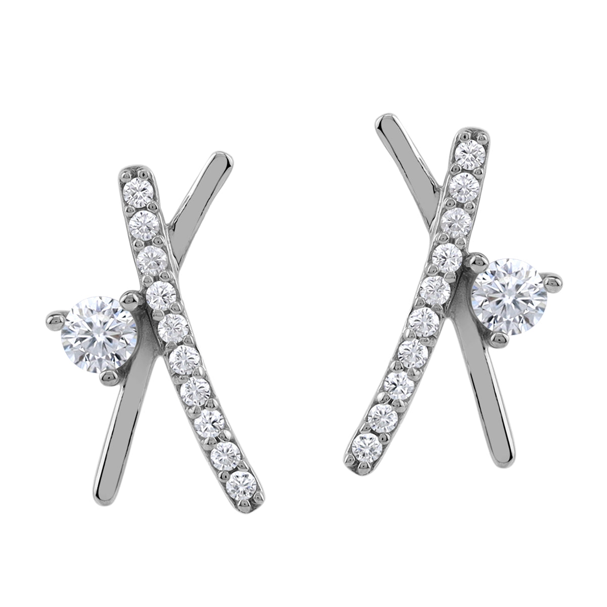 Silvershake 14X7mm Cubic Zirconia White Gold Plated 925 Sterling Silver Minimalist Trendy X O Criss Cross Stud Post Earrings April Gemstone Birthstone Jewelry for Women - Silvershake-store