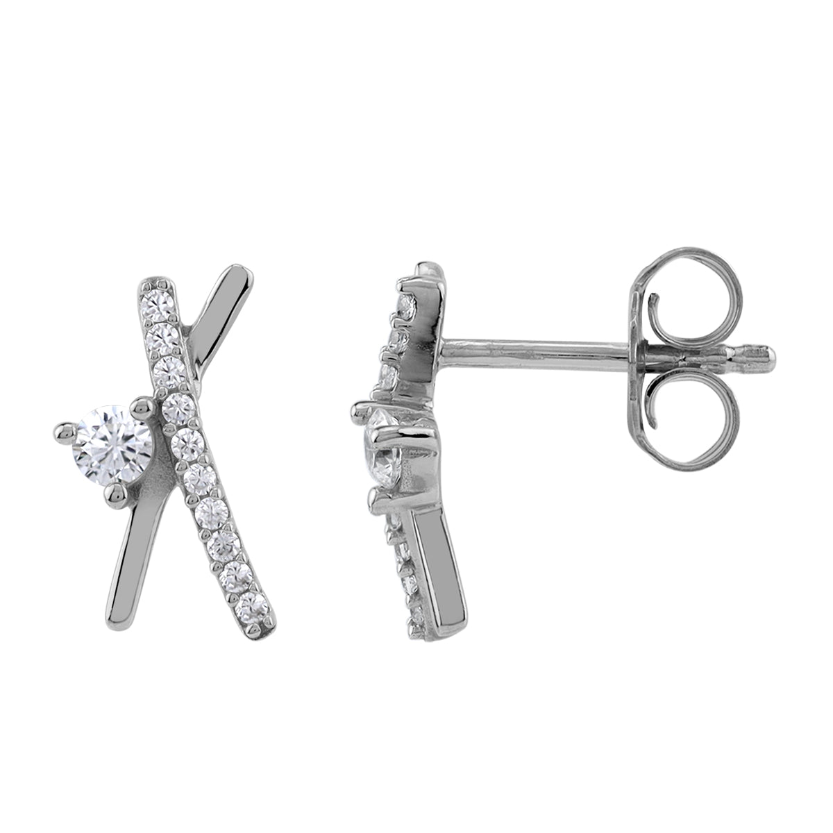 Silvershake 11X6mm Cubic Zirconia White Gold Plated 925 Sterling Silver Minimalist Trendy Chic X O Criss Cross Stud Post Earrings April Gemstone Birthstone Jewelry for Women - Silvershake-store