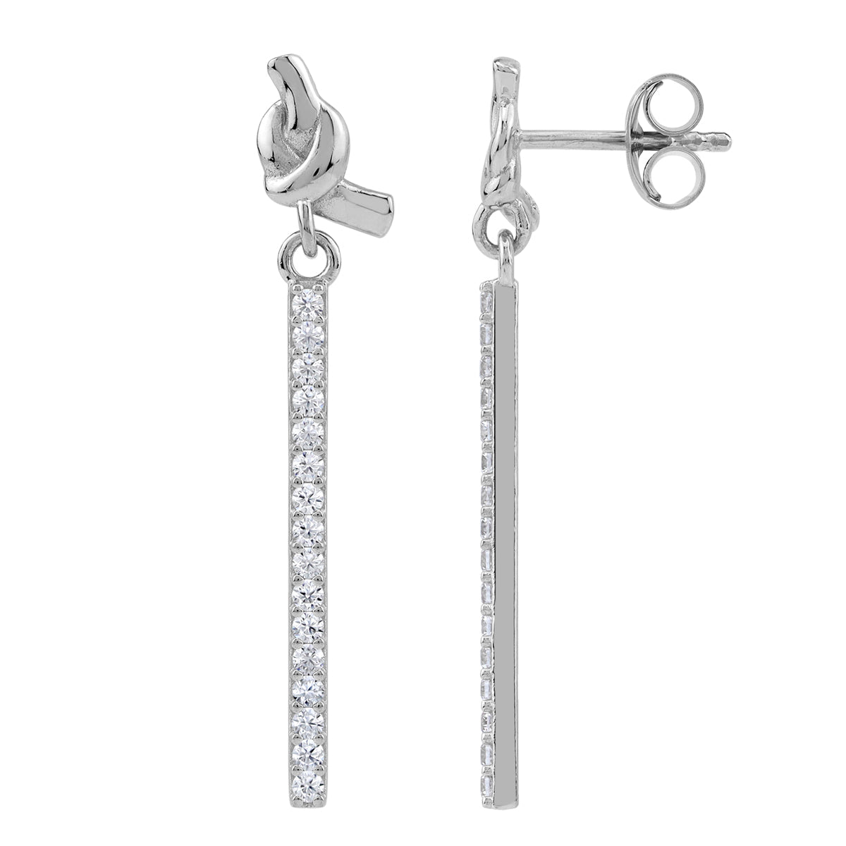 Silvershake Cubic Zirconia White Gold Plated 925 Sterling Silver Ribbon Knot and Dangle Vertical Bar Drop Stud Post Earrings April Gemstone Birthstone Jewelry for Women - Silvershake-store