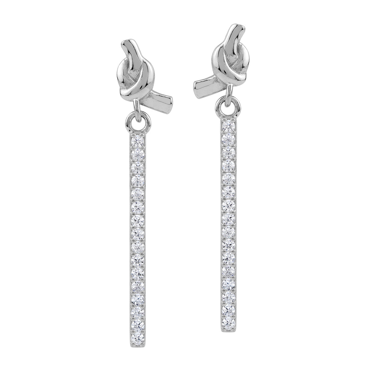 Silvershake Cubic Zirconia White Gold Plated 925 Sterling Silver Ribbon Knot and Dangle Vertical Bar Drop Stud Post Earrings April Gemstone Birthstone Jewelry for Women - Silvershake-store