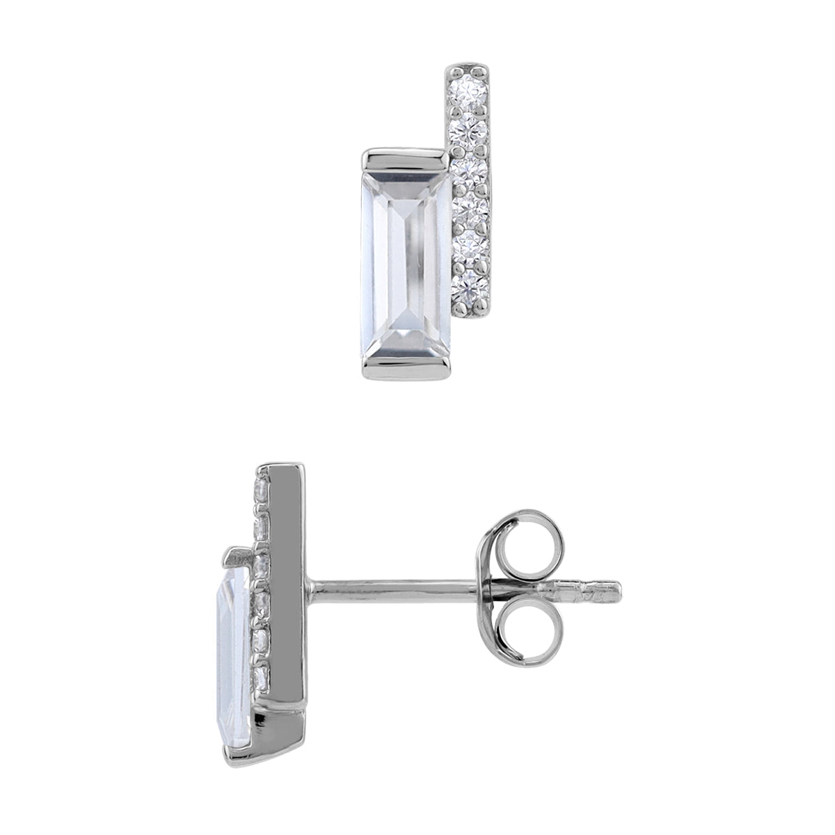 Silvershake Cubic Zirconia White Gold Plated 925 Sterling Silver Minimalist Trendy Double Bar Stud Post Earrings April Gemstone Birthstone Jewelry for Women - Silvershake-store