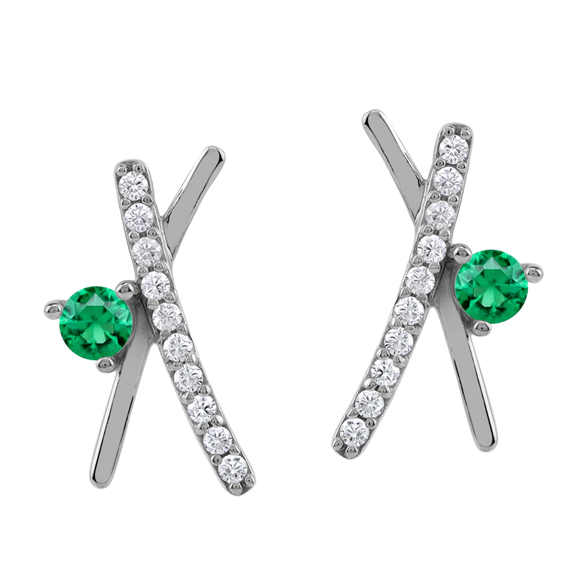 Silvershake 14X7mm Created Nano Green Emerald White Gold Plated 925 Sterling Silver Minimalist Trendy X O Criss Cross Stud Post Earrings May Gemstone Birthstone Jewelry for Women - Silvershake-store