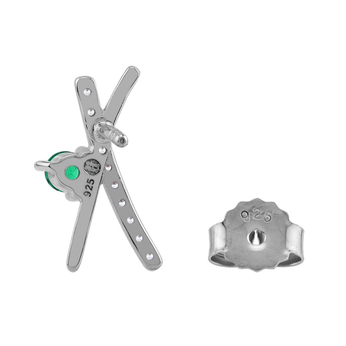Silvershake 14X7mm Created Nano Green Emerald White Gold Plated 925 Sterling Silver Minimalist Trendy X O Criss Cross Stud Post Earrings May Gemstone Birthstone Jewelry for Women - Silvershake-store