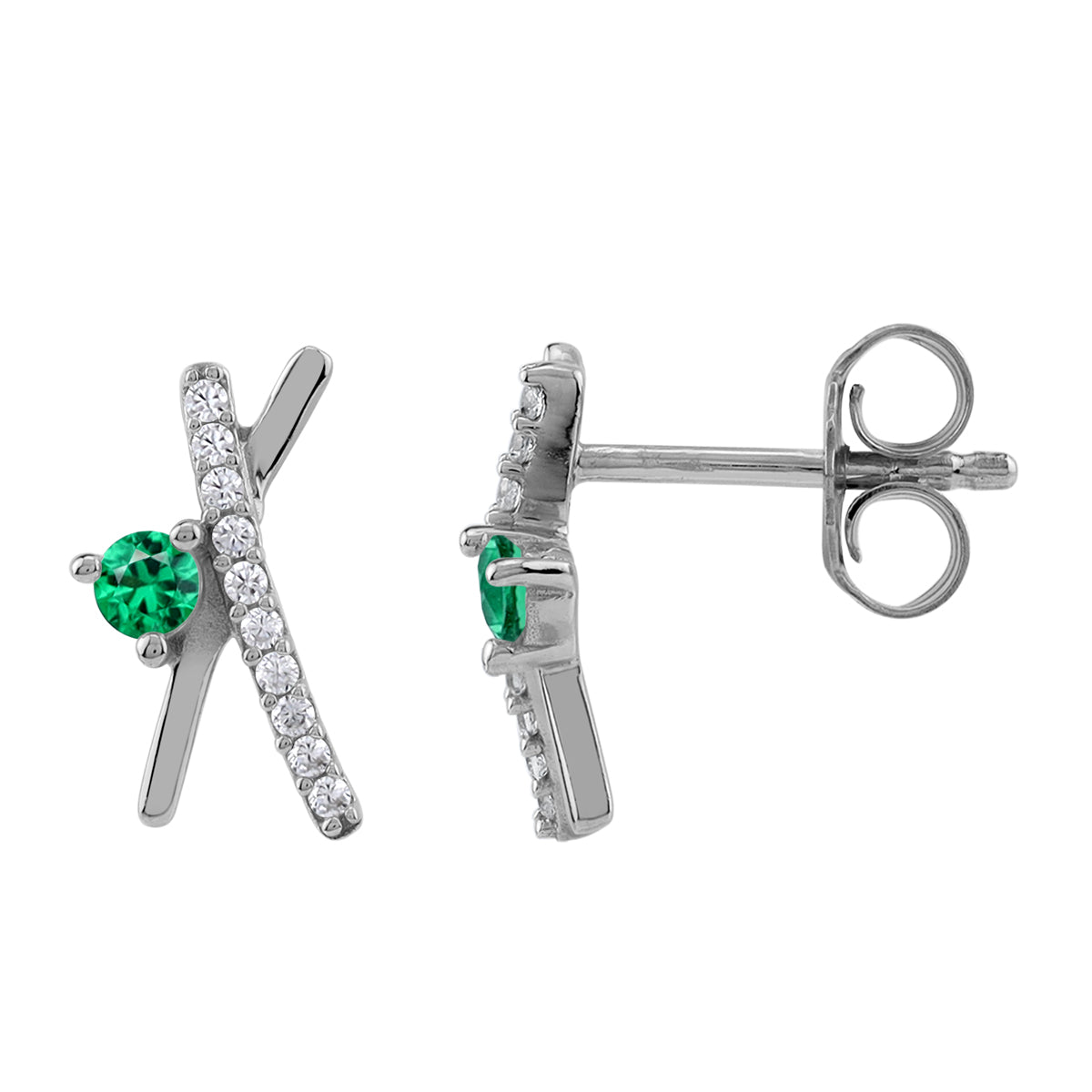Silvershake 11X6mm Created Nano Green Emerald White Gold Plated 925 Sterling Silver Minimalist Trendy Chic X O Criss Cross Stud Post Earrings May Gemstone Birthstone Jewelry for Women - Silvershake-store