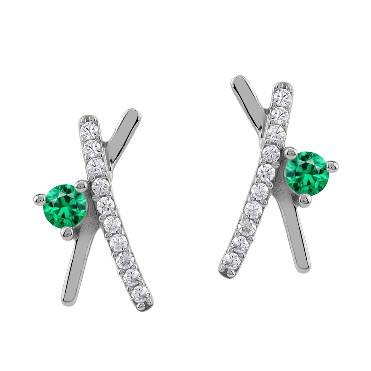 Silvershake 11X6mm Created Nano Green Emerald White Gold Plated 925 Sterling Silver Minimalist Trendy Chic X O Criss Cross Stud Post Earrings May Gemstone Birthstone Jewelry for Women - Silvershake-store