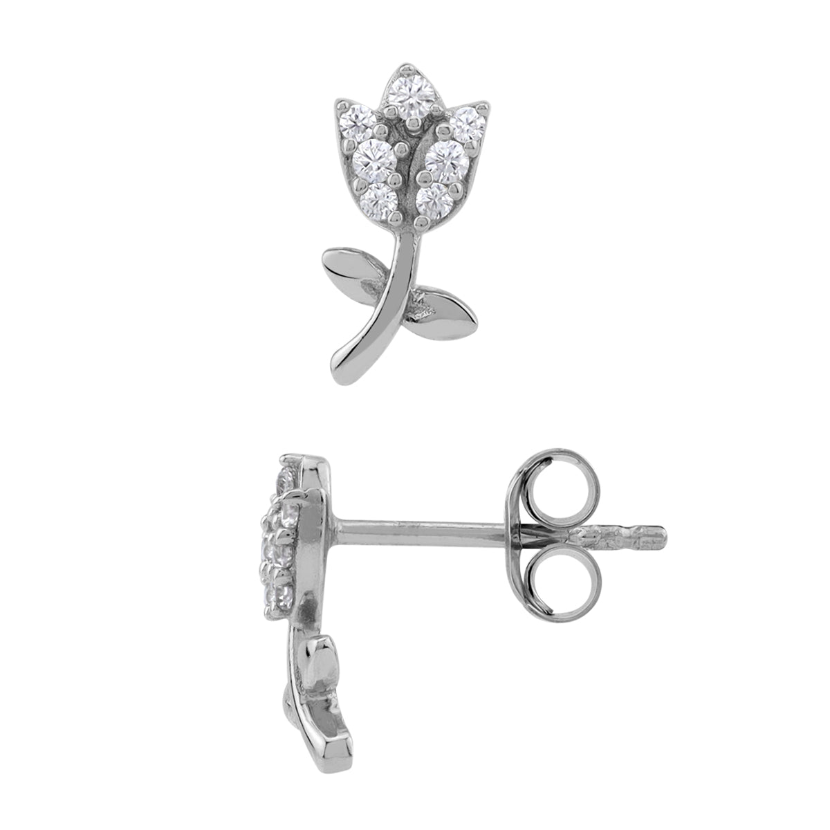 etite Cubic Zirconia White Gold Plated 925 Sterling Silver Minimalist Flower & Leaf Trendy Chic Stud Post Earrings April Gemstone Birthstone Jewelry for Women - Silvershake-store