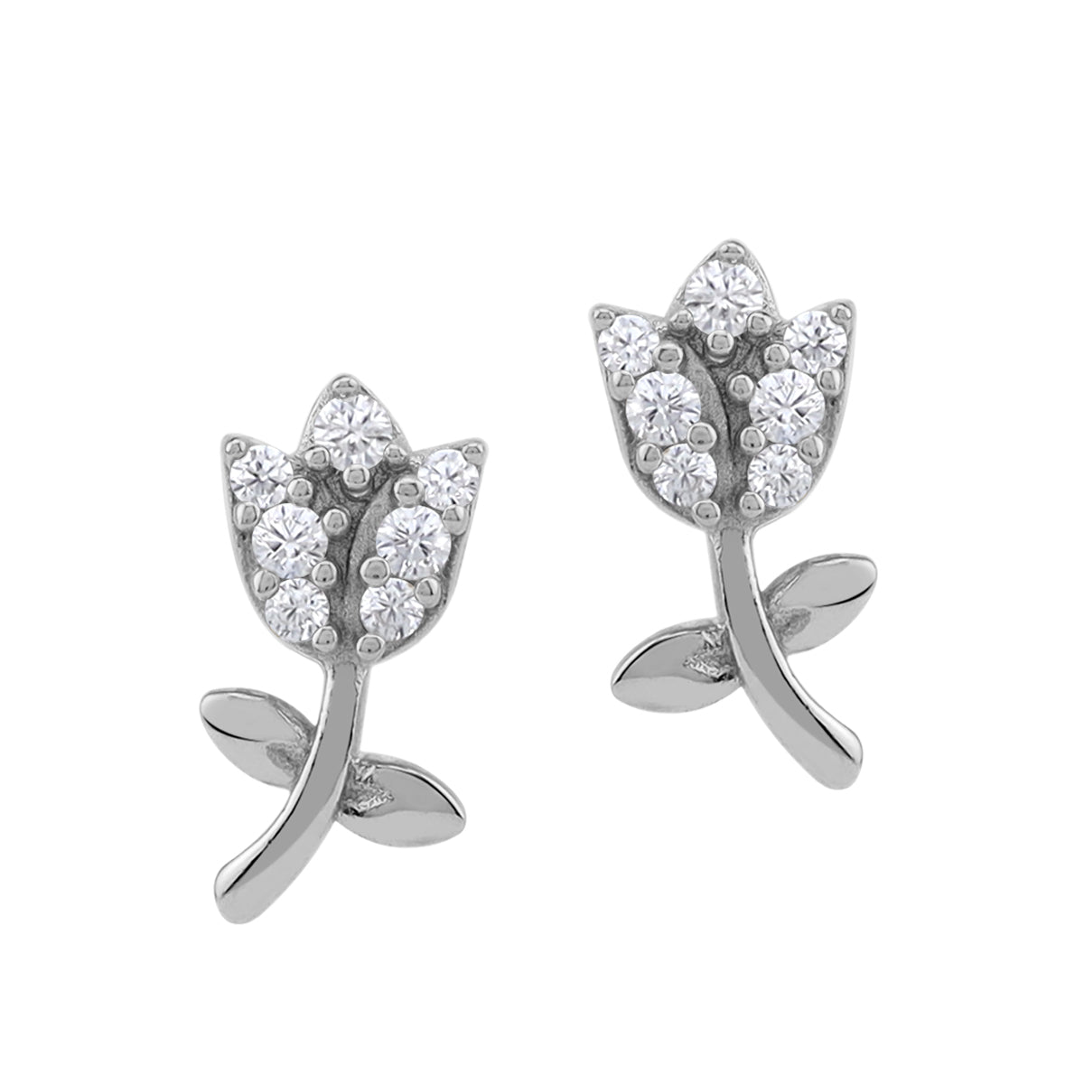 etite Cubic Zirconia White Gold Plated 925 Sterling Silver Minimalist Flower & Leaf Trendy Chic Stud Post Earrings April Gemstone Birthstone Jewelry for Women - Silvershake-store