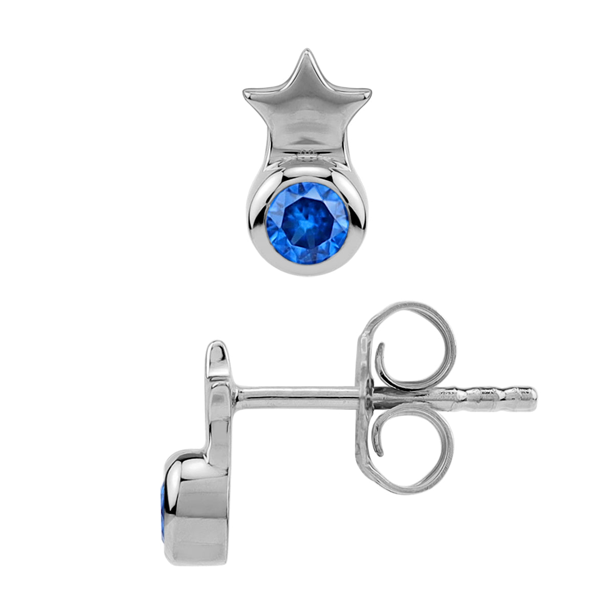 Petite 3MM Created Round Shape Blue Sapphire White Gold Plated 925 Sterling Silver Minimalist Tiny Star Crown Stud Post Earrings September Gemstone Birthstone Jewelry for Women - Silvershake-store