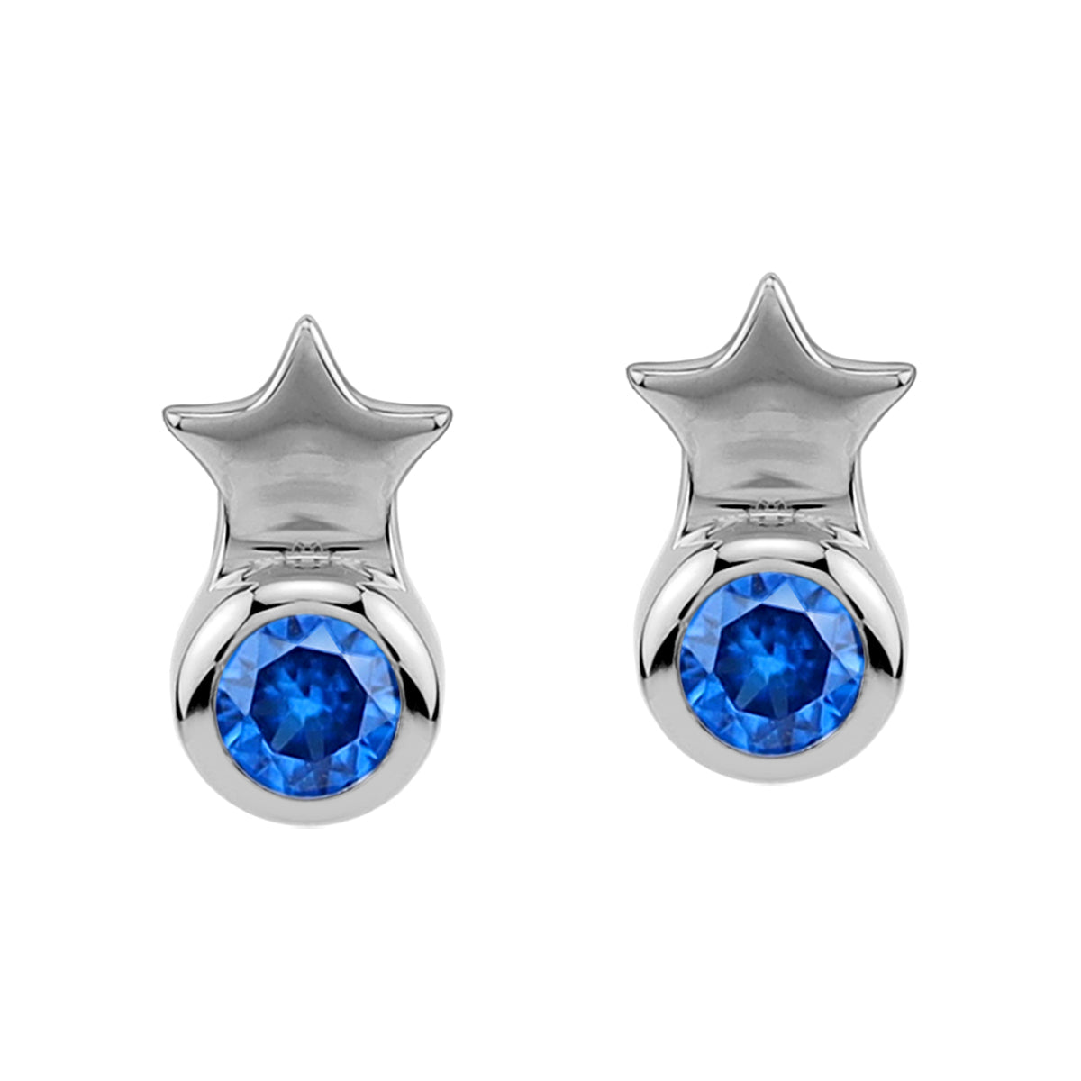 Petite 3MM Created Round Shape Blue Sapphire White Gold Plated 925 Sterling Silver Minimalist Tiny Star Crown Stud Post Earrings September Gemstone Birthstone Jewelry for Women - Silvershake-store