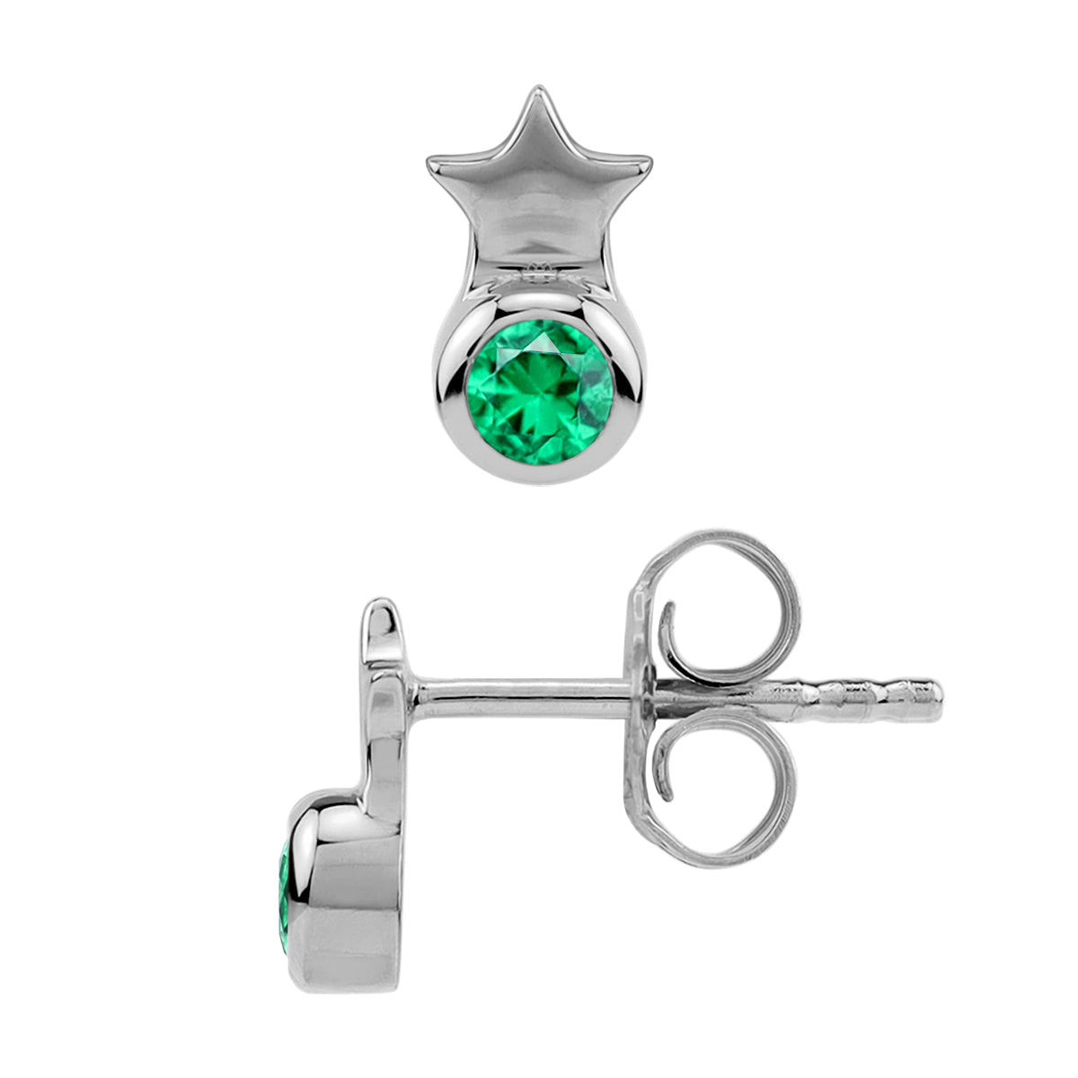 Petite 3MM Created Round Shape Nano Green Emerald White Gold Plated 925 Sterling Silver Minimalist Tiny Star Crown Stud Post Earrings May Gemstone Birthstone Jewelry for Women - Silvershake-store