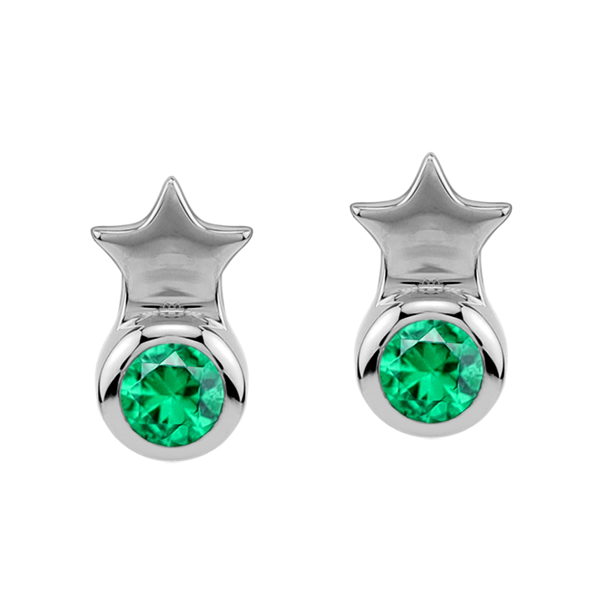 Petite 3MM Created Round Shape Nano Green Emerald White Gold Plated 925 Sterling Silver Minimalist Tiny Star Crown Stud Post Earrings May Gemstone Birthstone Jewelry for Women - Silvershake-store