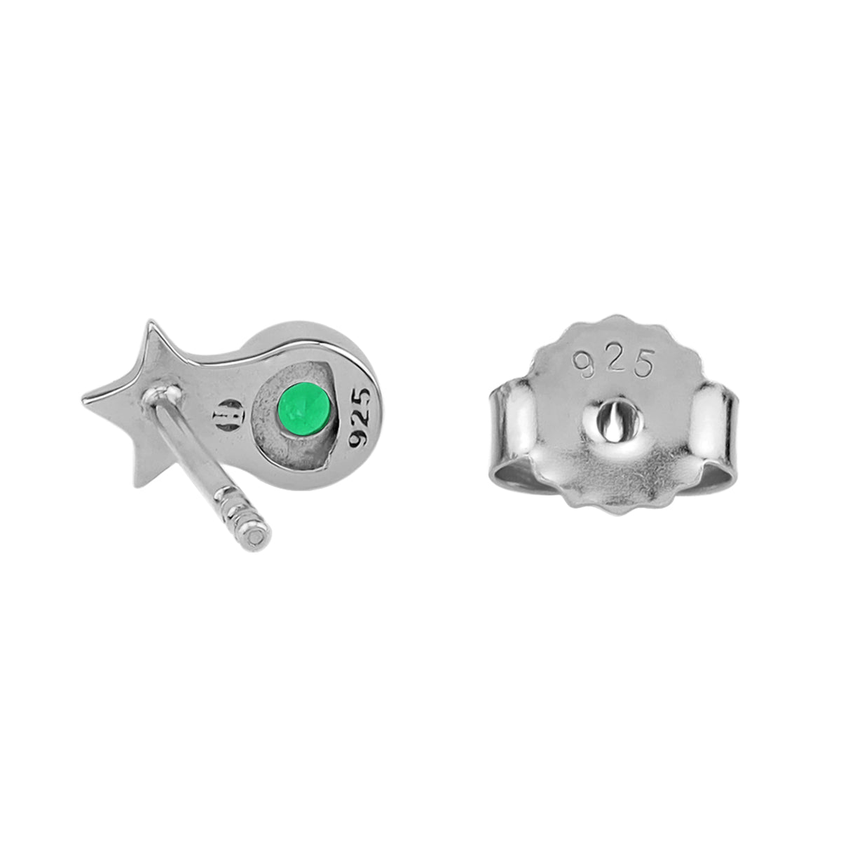 Petite 3MM Created Round Shape Nano Green Emerald White Gold Plated 925 Sterling Silver Minimalist Tiny Star Crown Stud Post Earrings May Gemstone Birthstone Jewelry for Women - Silvershake-store