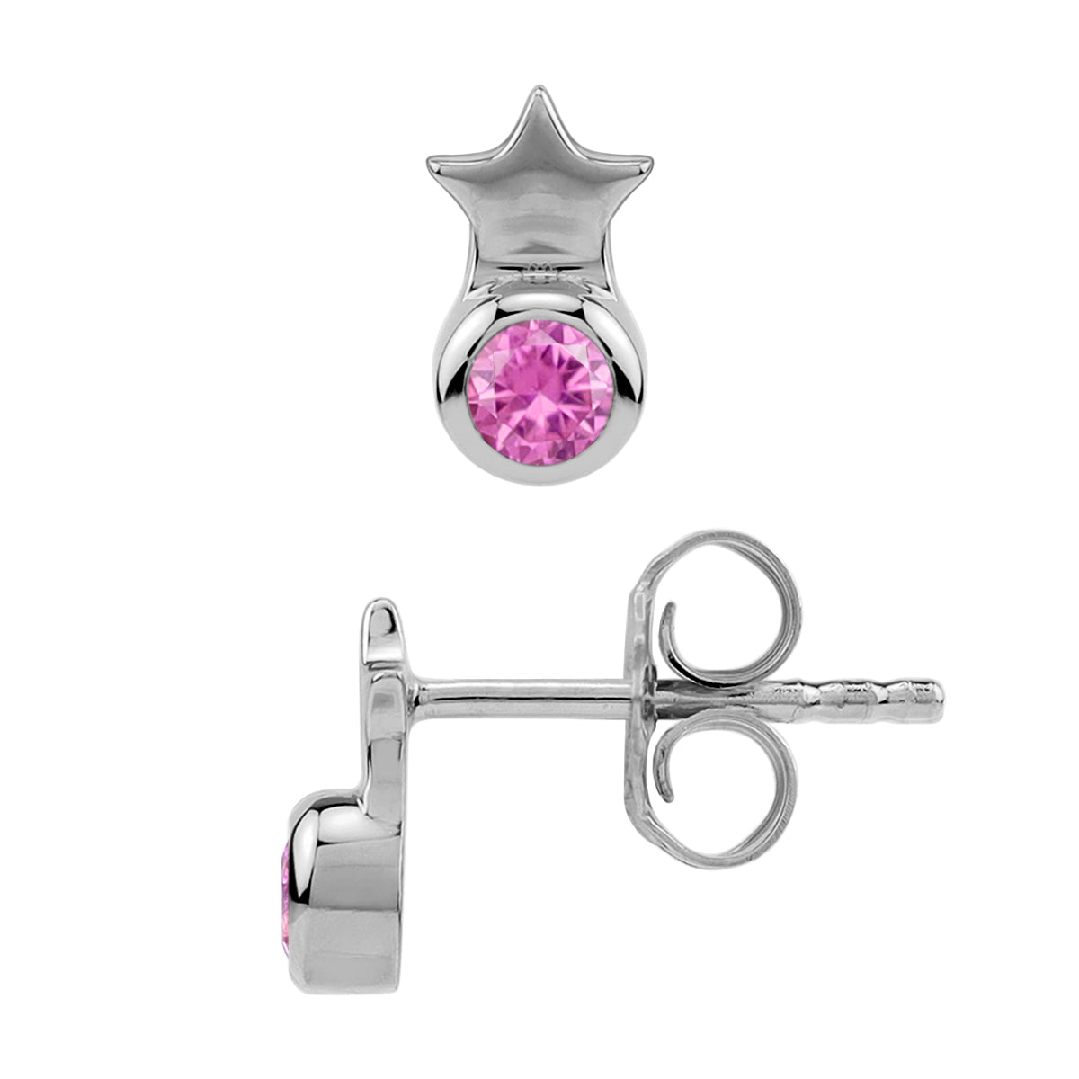 Petite 3MM Created Round Shape Pink Tourmaline White Gold Plated 925 Sterling Silver Minimalist Tiny Star Crown Stud Post Earrings October Gemstone Birthstone Jewelry for Women - Silvershake-store