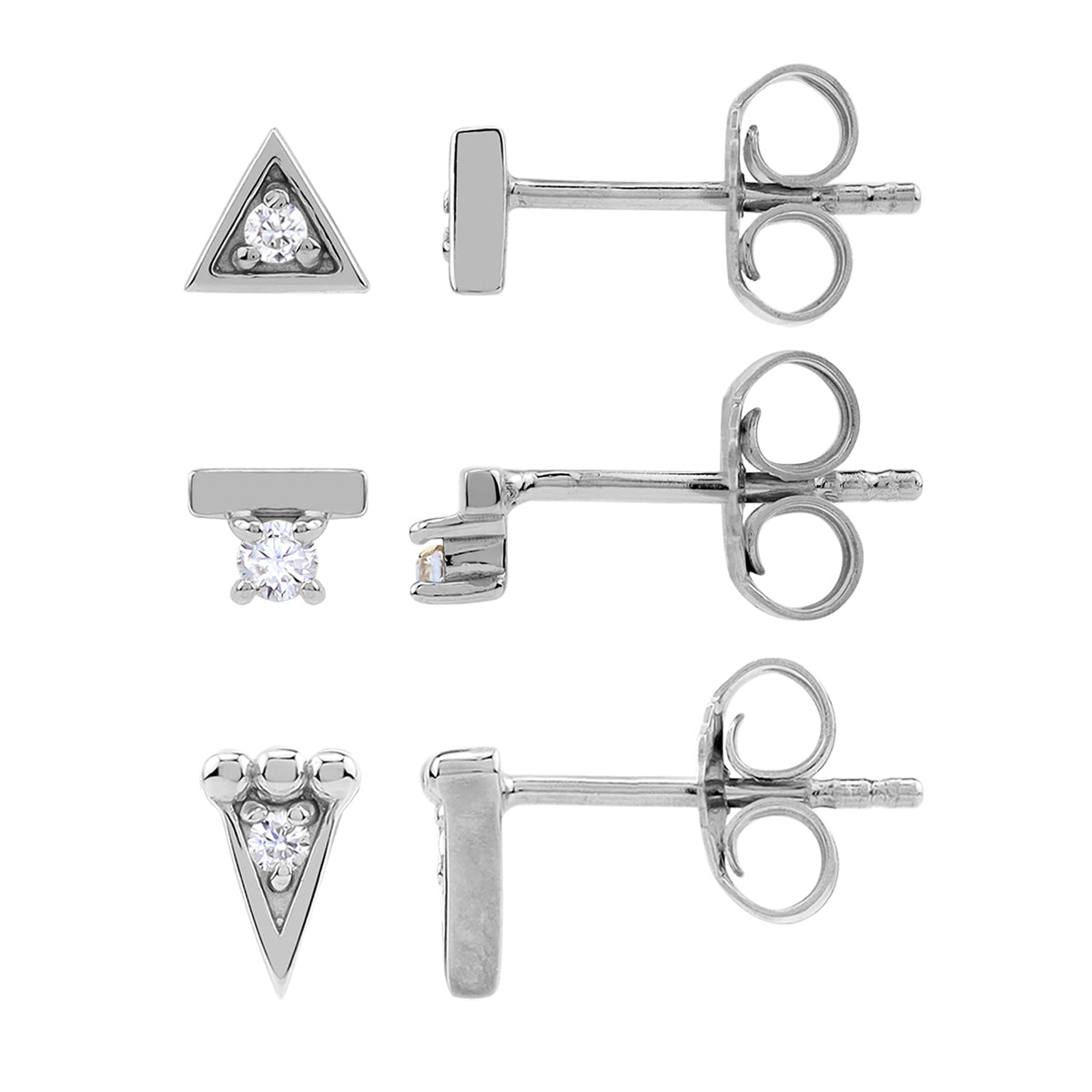 Petite 3-Pair Set Cubic Zirconia White Gold Plated 925 Sterling Silver Minimalist Tiny Bead Ball Triangle Shape Geometric Trendy Chic Casual Stud Earrings April Gemstone Birthstone - Silvershake-store