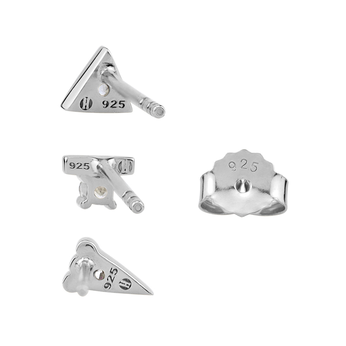 Petite 3-Pair Set Cubic Zirconia White Gold Plated 925 Sterling Silver Minimalist Tiny Bead Ball Triangle Shape Geometric Trendy Chic Casual Stud Earrings April Gemstone Birthstone - Silvershake-store