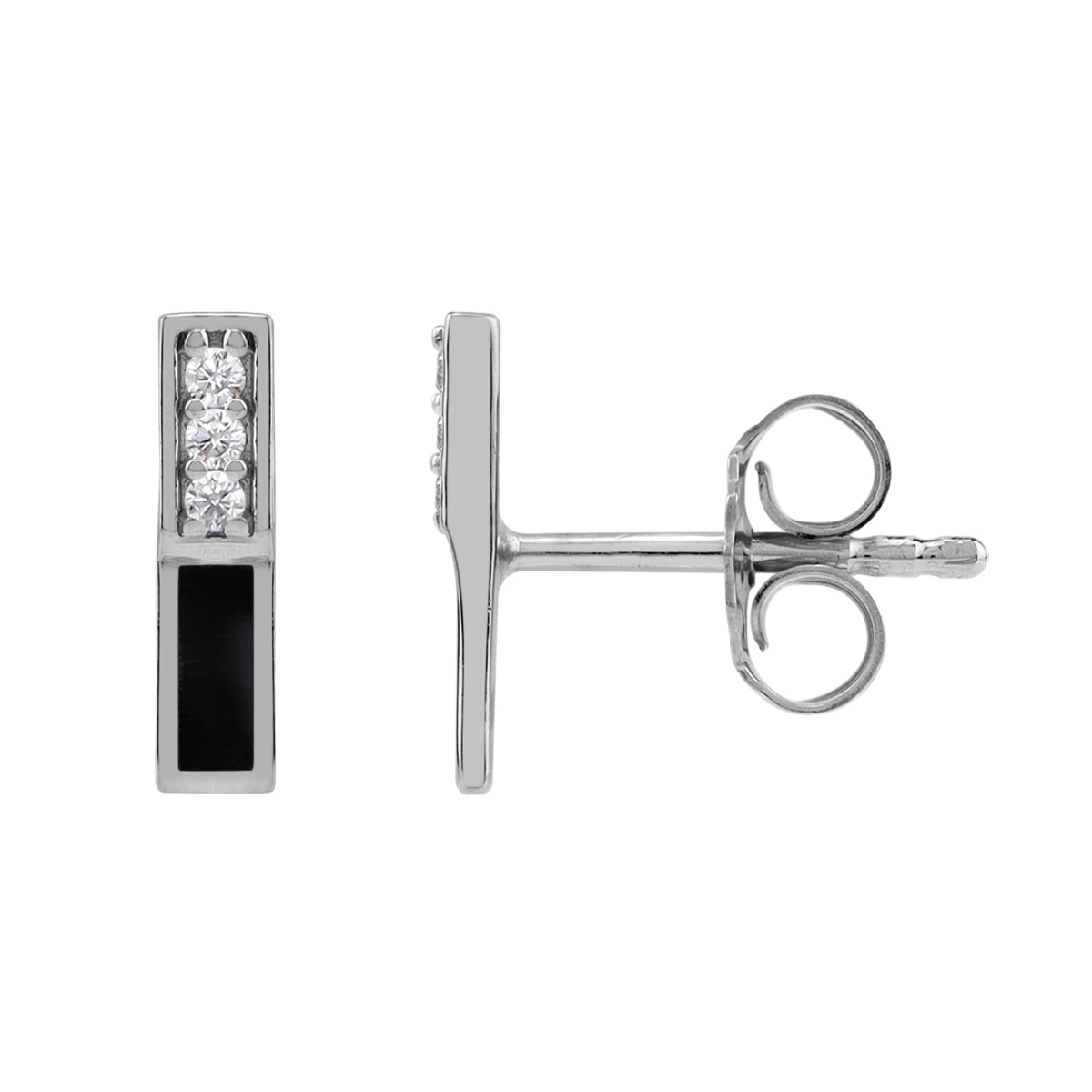 Petite Natural Black Onyx Inlay and Cubic Zirconia White Gold Plated 925 Sterling Silver Minimalist Trendy Bar Stud Post Earrings Jewelry for Women - Silvershake-store
