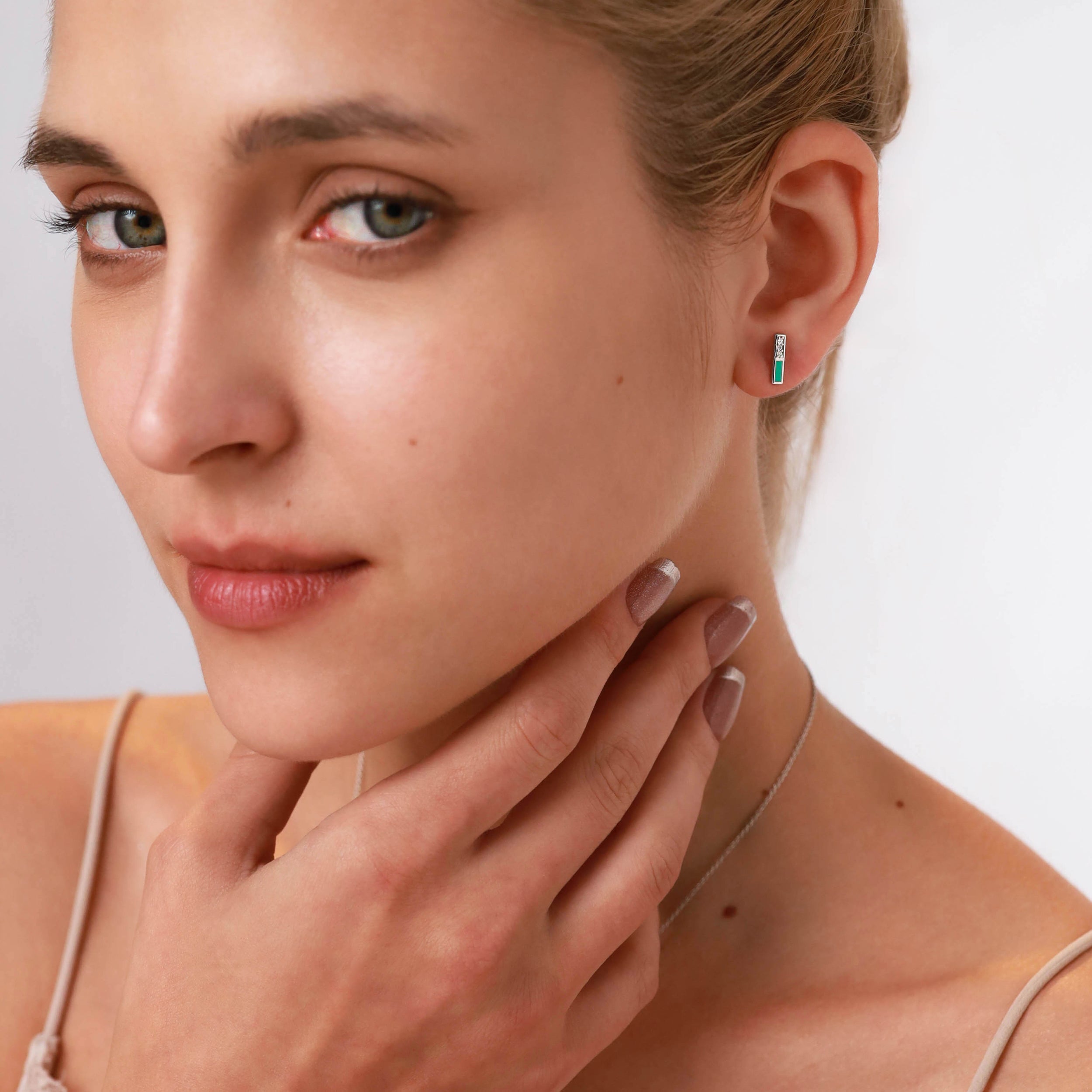 Petite Natural Black Onyx Inlay and Cubic Zirconia White Gold Plated 925 Sterling Silver Minimalist Trendy Bar Stud Post Earrings Jewelry for Women - Silvershake-store