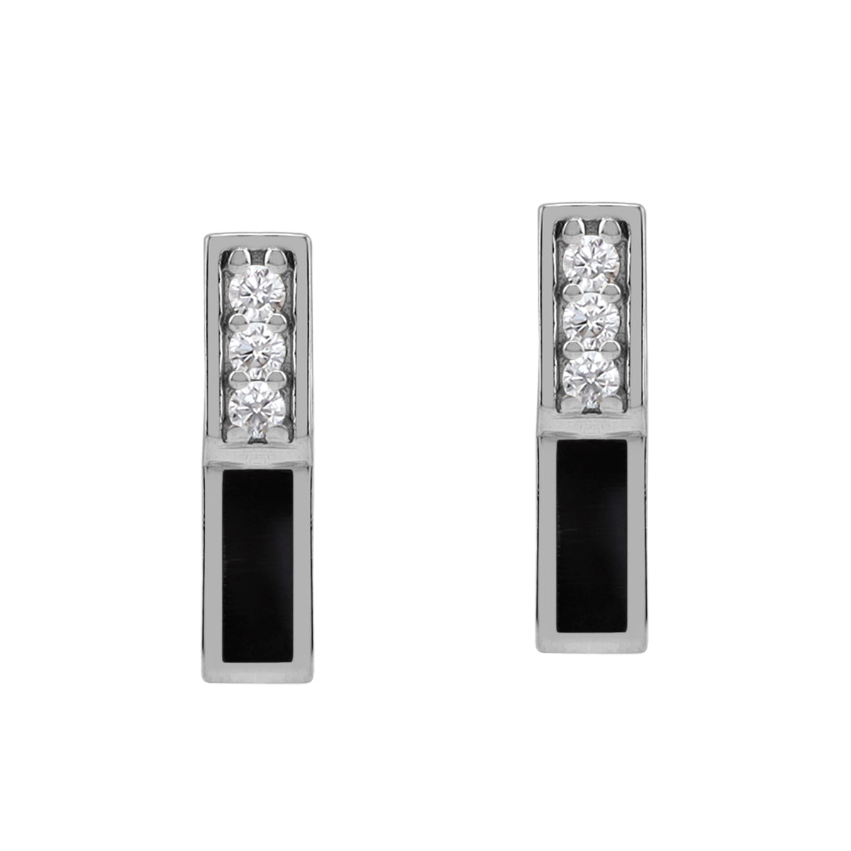 Petite Natural Black Onyx Inlay and Cubic Zirconia White Gold Plated 925 Sterling Silver Minimalist Trendy Bar Stud Post Earrings Jewelry for Women - Silvershake-store