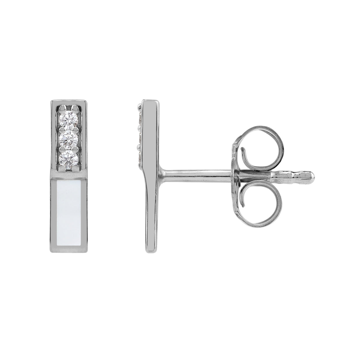 Petite Mother of Pearl Inlay and Cubic Zirconia White Gold Plated 925 Sterling Silver Minimalist Trendy Bar Stud Post Earrings Jewelry for Women - Silvershake-store