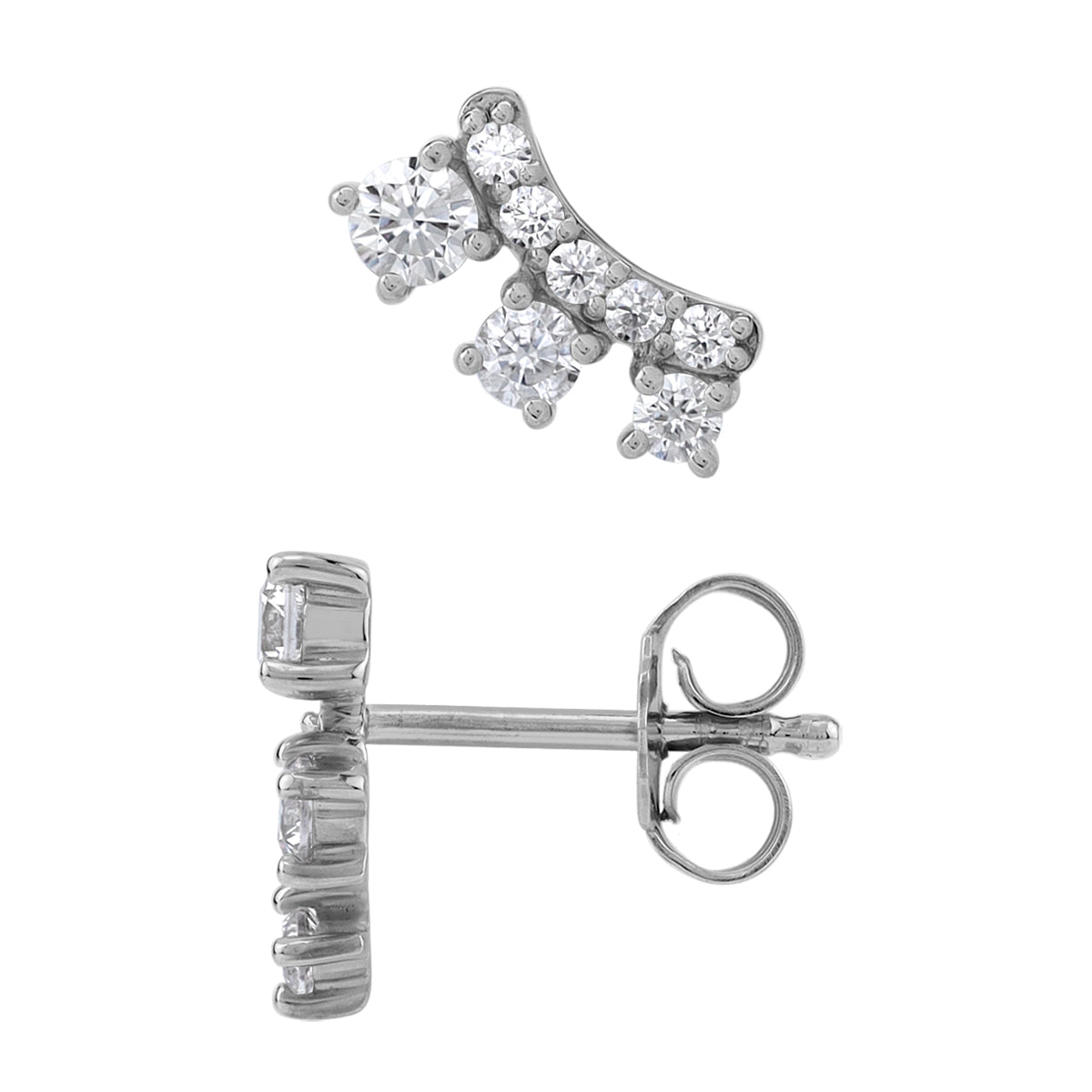 3-Stone Cubic Zirconia White Gold Plated 925 Sterling Silver Trendy Chic Climber Horizontal Stud Earrings April Gemstone Birthstone Jewelry for Women - Silvershake-store