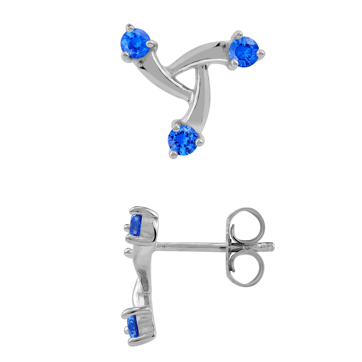 12MM 3-Stone Created Blue Sapphire White Gold Plated 925 Sterling Silver Trendy Chic Triangle Design Stud Post Earrings September Gemstone Birthstone Jewelry for Women