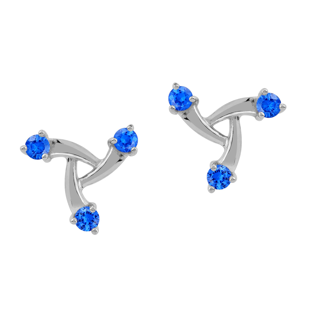 12MM 3-Stone Created Blue Sapphire White Gold Plated 925 Sterling Silver Trendy Chic Triangle Design Stud Post Earrings September Gemstone Birthstone Jewelry for Women