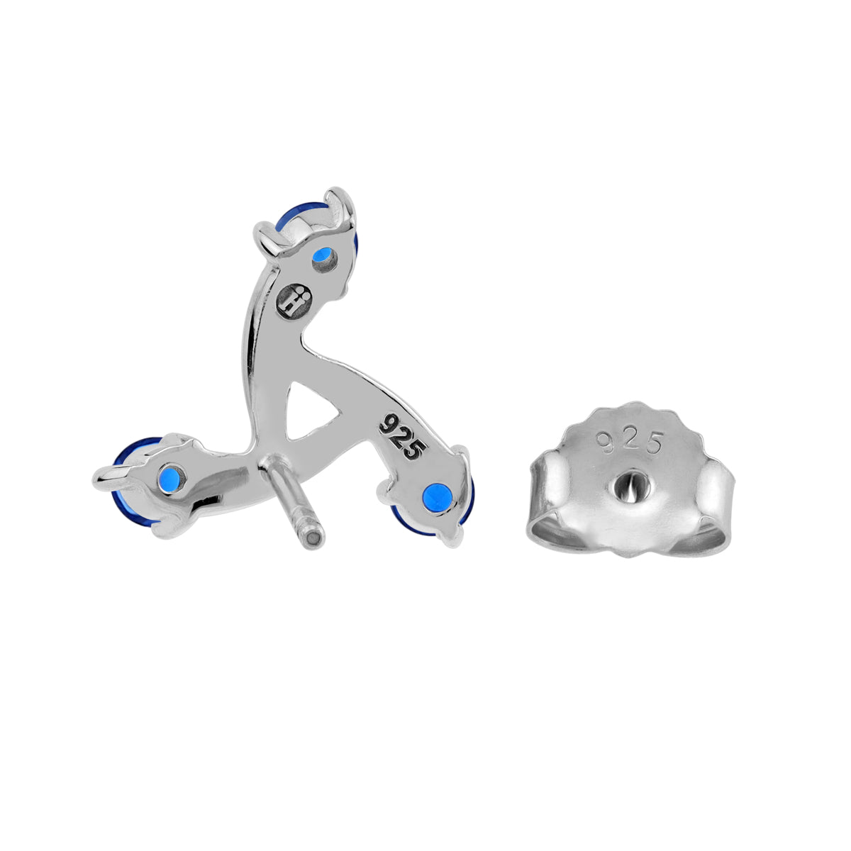 12MM 3-Stone Created Blue Sapphire White Gold Plated 925 Sterling Silver Trendy Chic Triangle Design Stud Post Earrings September Gemstone Birthstone Jewelry for Women