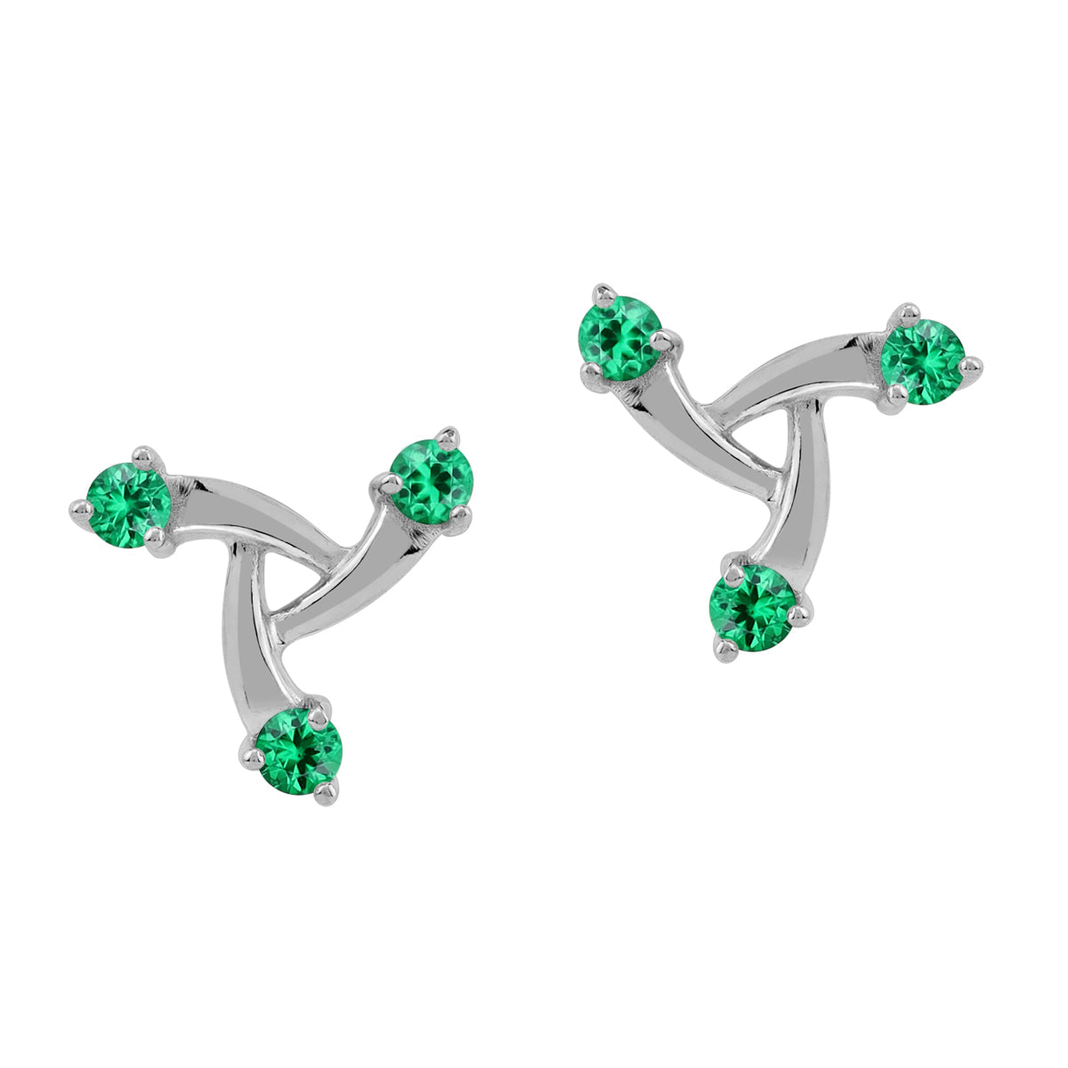 12MM 3-Stone Created Nano Green Emerald White Gold Plated 925 Sterling Silver Trendy Chic Triangle Design Stud Post Earrings May Gemstone Birthstone Jewelry for Women