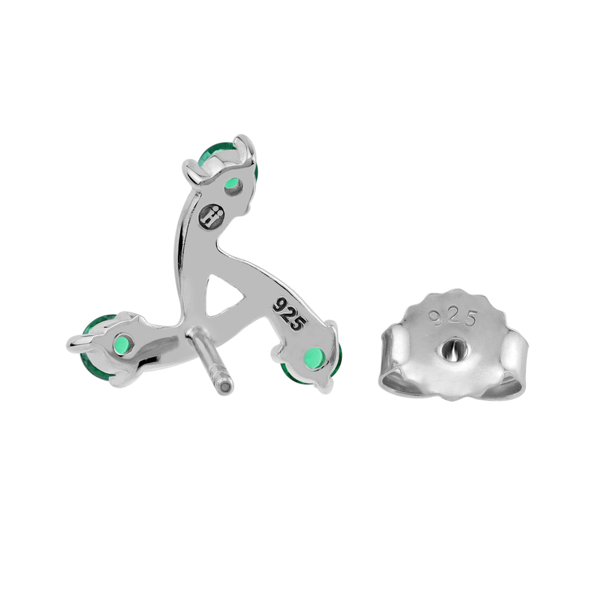 12MM 3-Stone Created Nano Green Emerald White Gold Plated 925 Sterling Silver Trendy Chic Triangle Design Stud Post Earrings May Gemstone Birthstone Jewelry for Women
